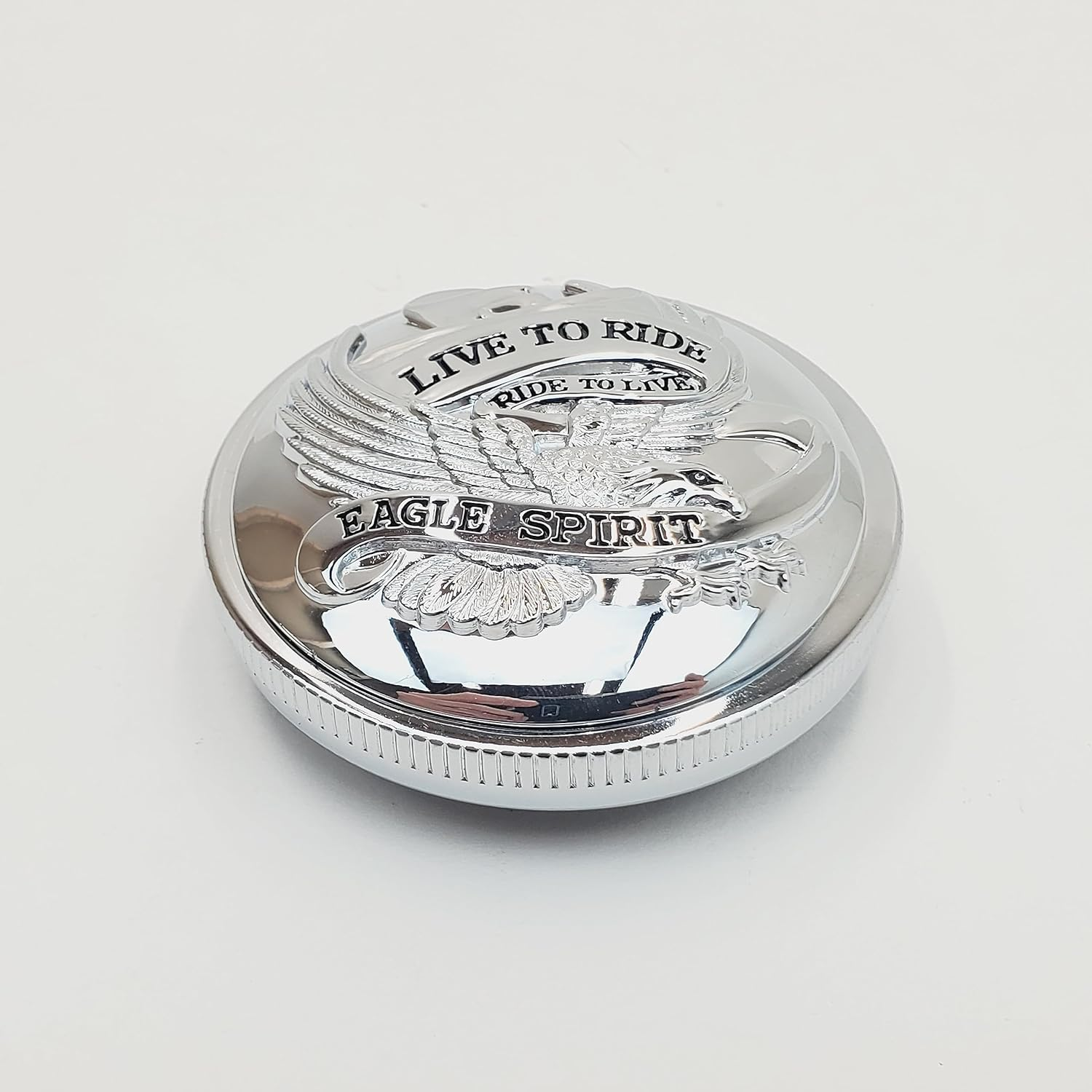 &ldquo;Live to Ride, Ride to Live&rdquo; Eagle Spirit Chrome Domed Gas Cap Covers with Adhesive Backing for 1973-2023 OE Style Harley Gas Caps (SOLD as a PAIR - Left & Right) 2-7/8&rdquo; Diameter image number 5