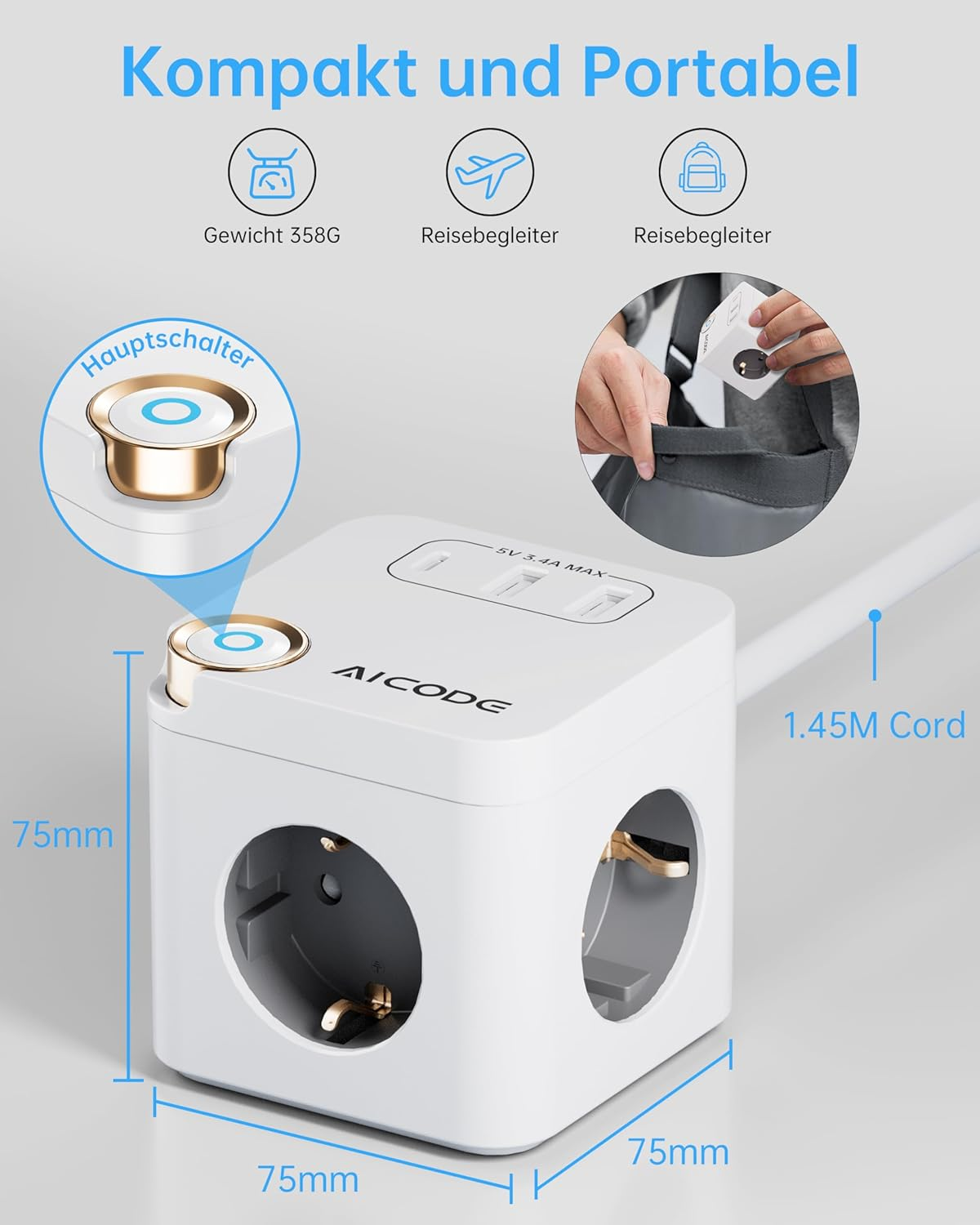 Multiple Socket Cube with USB 3 Way Power Strip with 3 USB (1 Type C) & Switch, 3680 W, 1.5 M Cable - Ideal for Office, Home & Travel, White image number 6