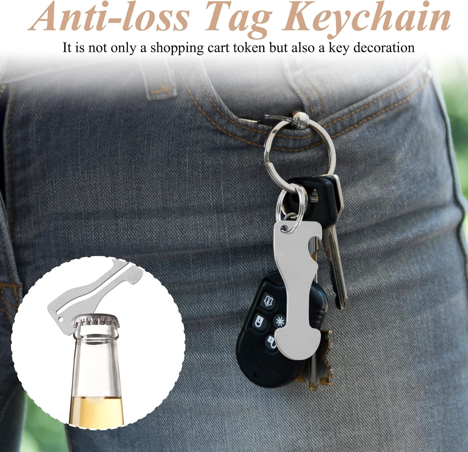 6 Pcs Shopping Trolley Key, Adaptable Versatile Keychain as Bottle Opener, Universal Fit Supermarkets Shopping Cart with Modern Metal Anti-Lost Design and 3 Shapes (Titanium Steel & Silver) image number 3