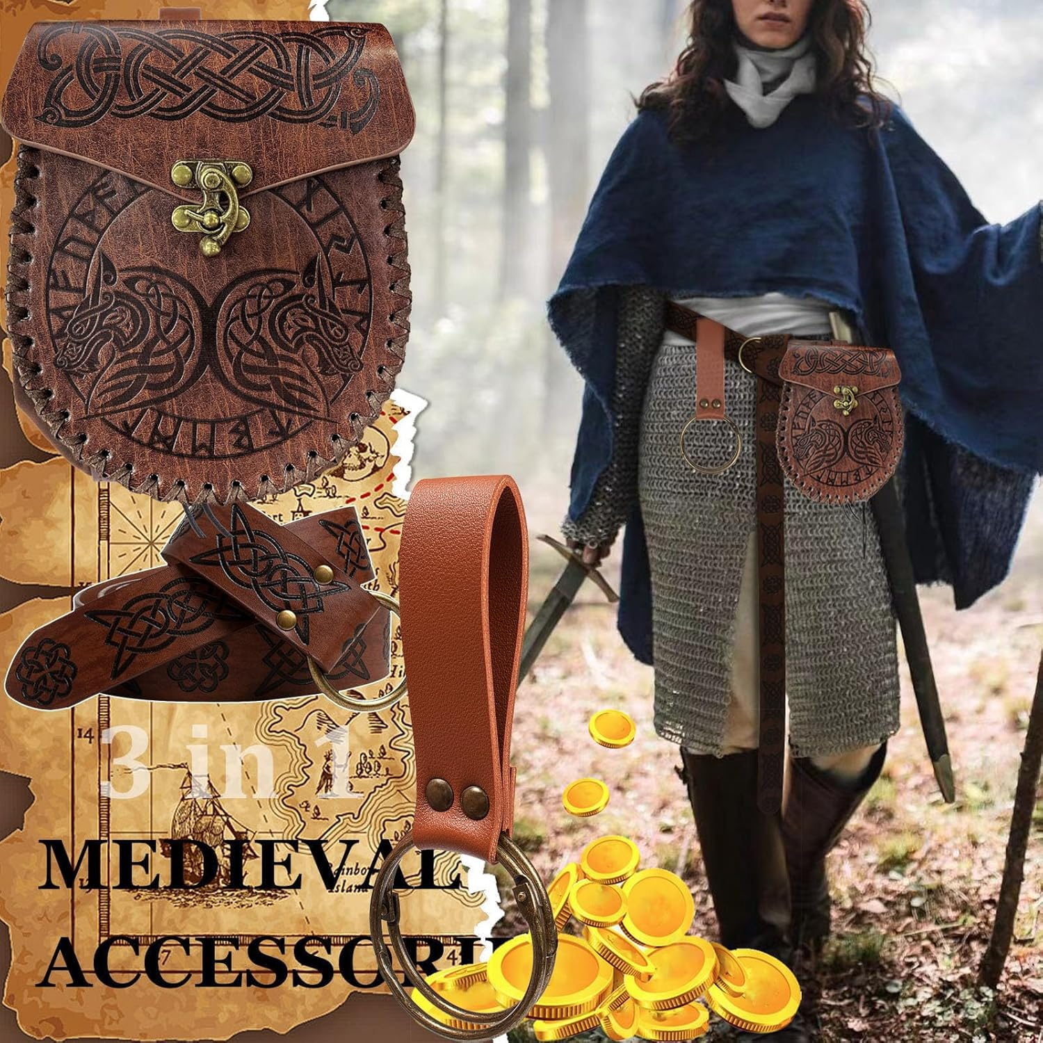Retro Belt Pouch Coin Purse Waist Bag Medieval Viking Leather Belt Halloween Renaissance Costume Festival Cosplay Accessory (Black-Wolf), One Color, Brown-Wolf
