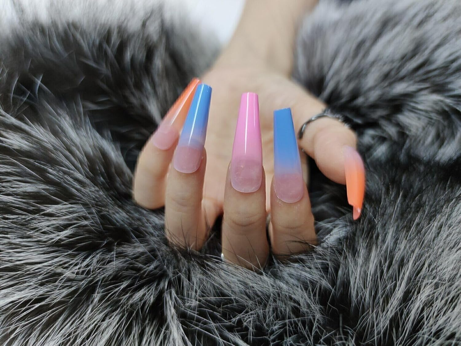 Press on Nails Fake Long Coffin Nail Tips Rainbow Ombre 20 Pcs image number 1