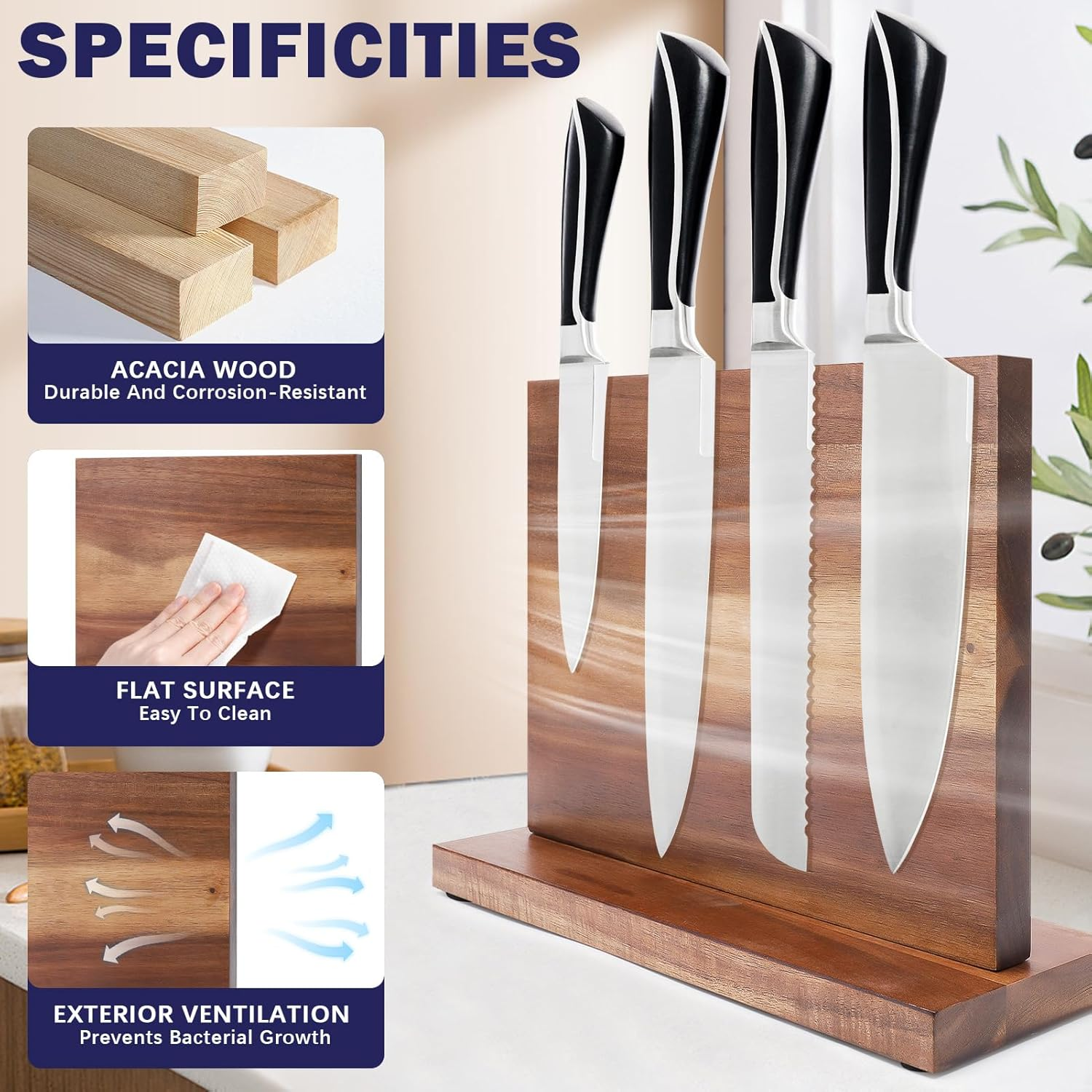 Magnetic Knife Holder, Wooden Knife Magnetic Strip, Magnetic Knife Block, with Strong Magnets, Kitchen Knives Organizer Tools No Drilling image number 4