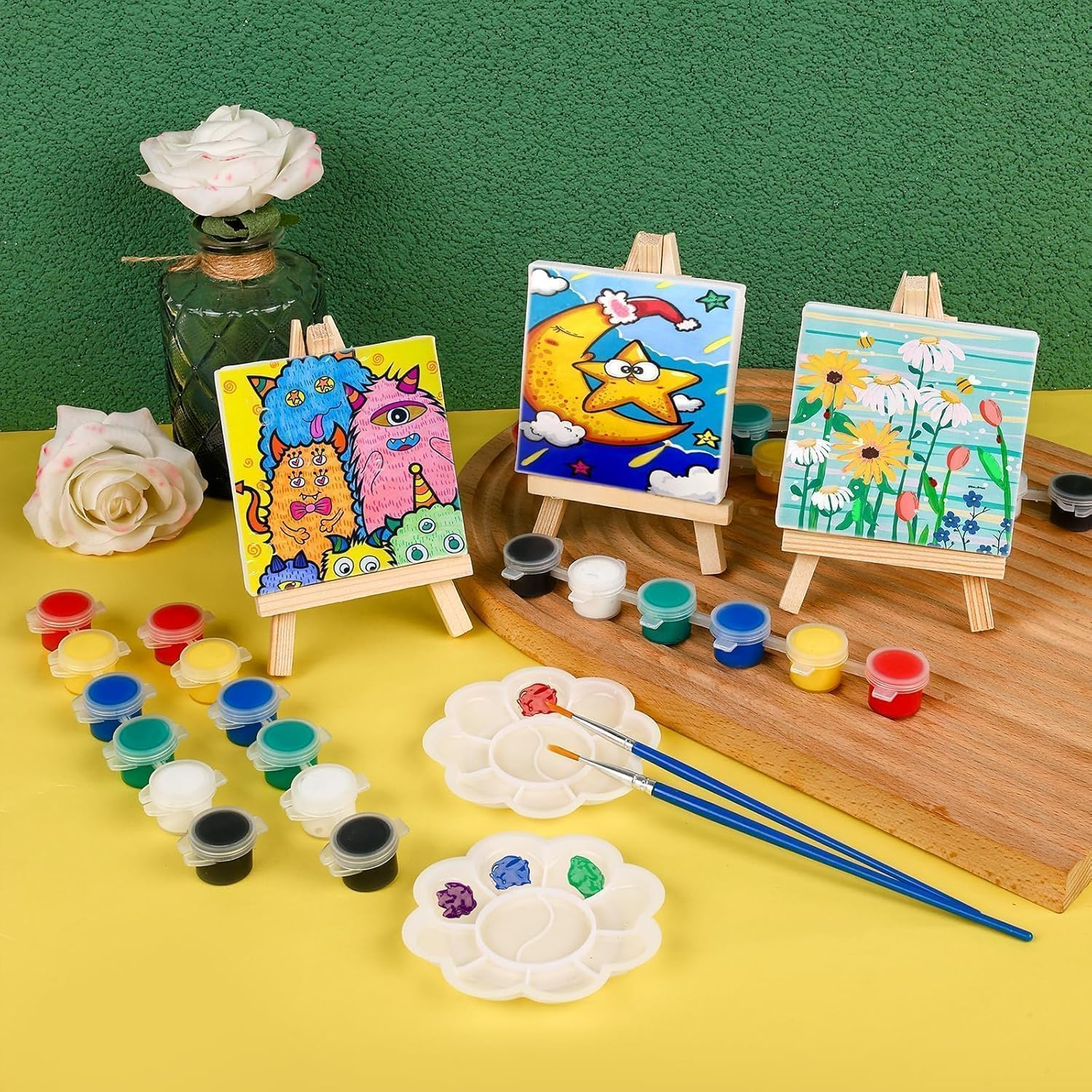 6Pcs Mini Canvas and Easel Set,4X4 Inch Mini Canvases for Painting, 6 Small Canvas with 6 Easels Art Painting Supplies for Acrylic Pouring Oil Watercolor