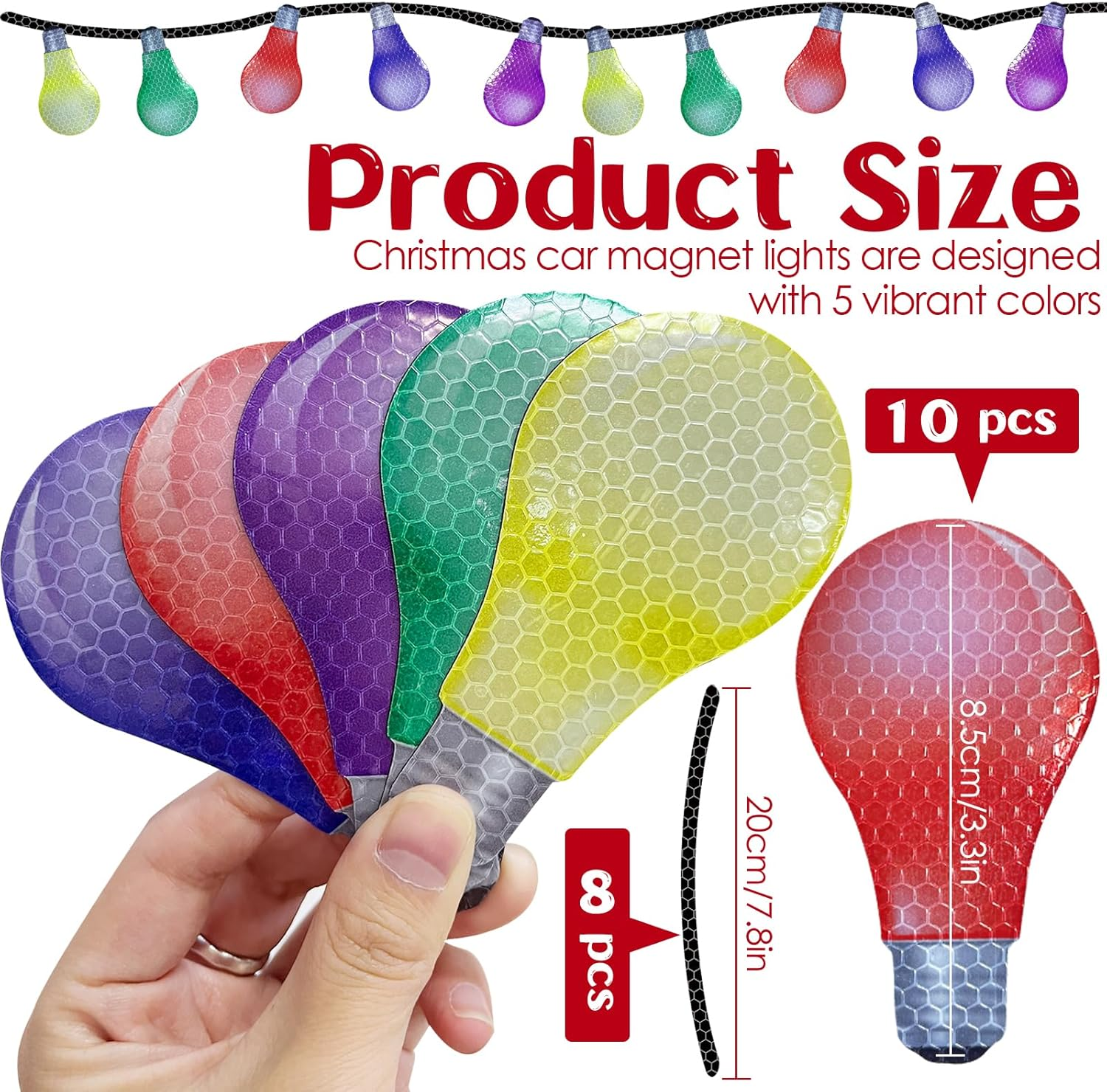 Christmas Car Refrigerator Magnets Lights Stickers, Reflective Car Magnet Decals Ornament, Christmas Bulb Light Shaped Magnets Set, Magnetic Wires Ornaments Decor (Colorful-18Pcs) image number 1