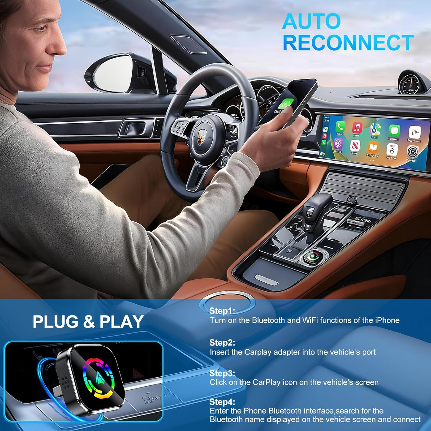 Wireless Carplay Adapter Wired to Wireless with Extension Usb-C/Type-C, Mini USB Design for Apple Carplay Android Auto, Plug & Play Auto Fast Stable Connect Car Play for Iphone Android, 2017+ Cars image number 4