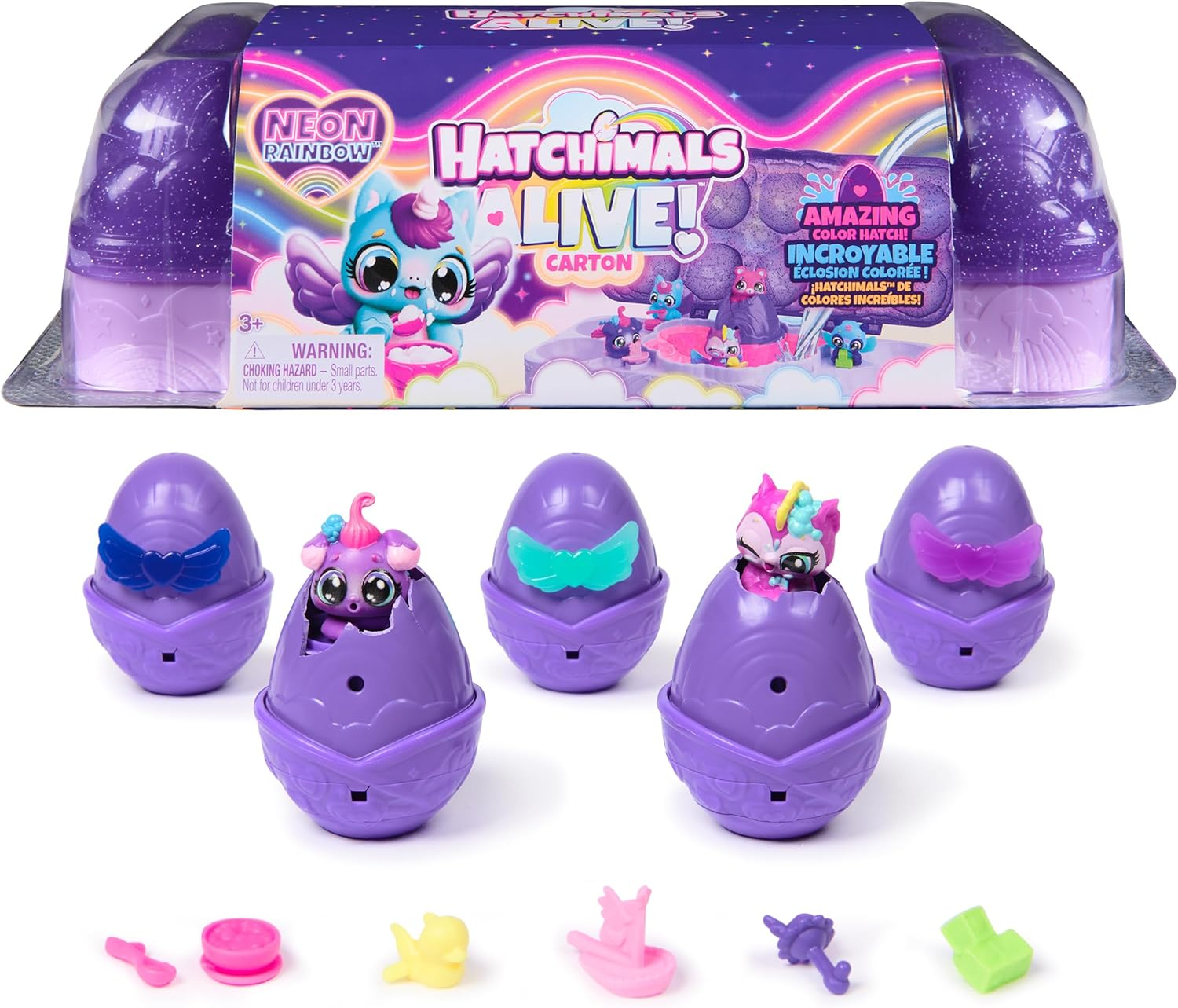 Hatchimals Alive, Neon Rainbow Egg Carton Toy with 5 Mini Figures in Colour Reveal Eggs and 11 Accessories, Kids&rsquo; Toys for Girls and Boys Aged 3 and Up image number 3