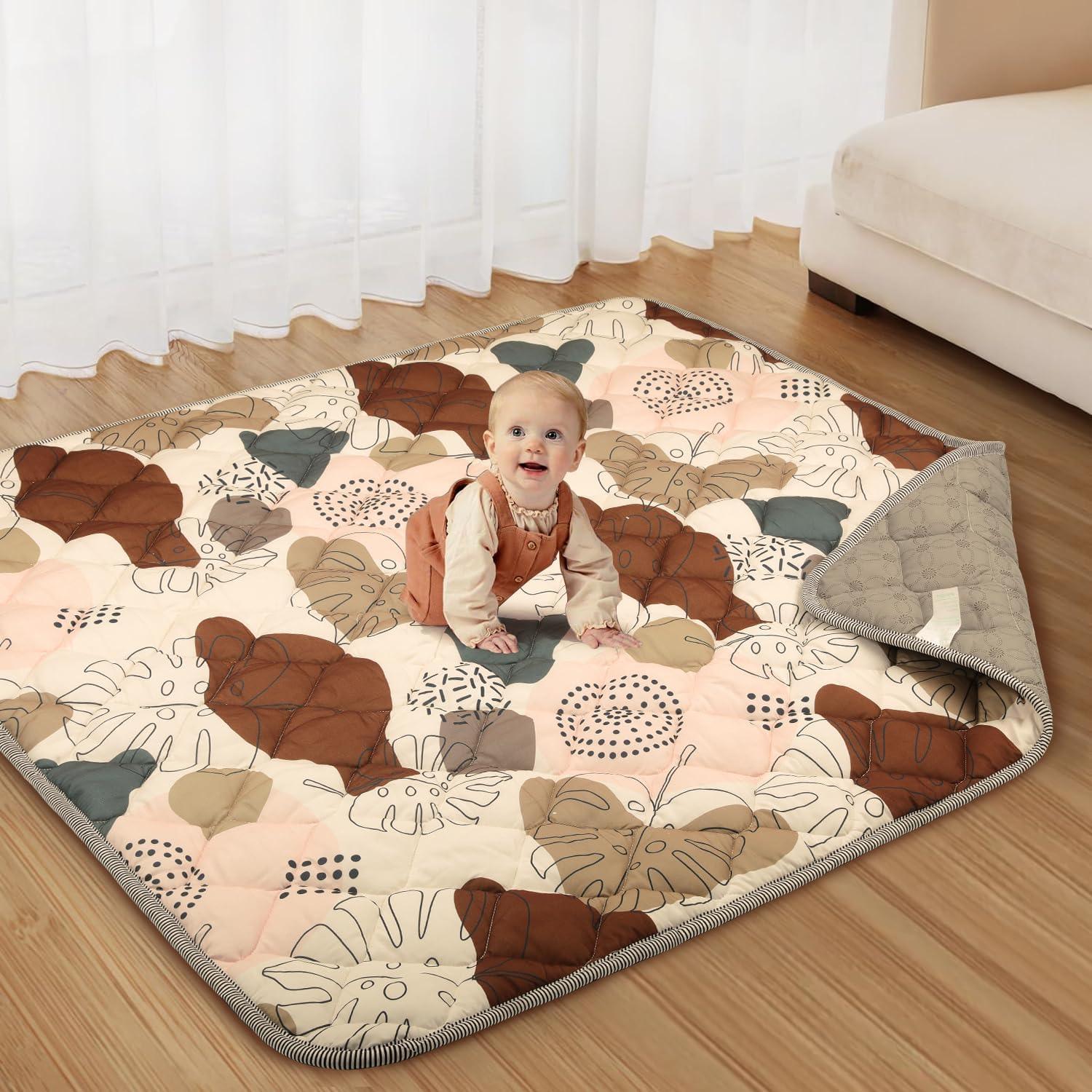 Baby Play Mats for Floor, 130 X130Cm Play Mat for Playpen, Soft Padding Foam Playmats for Babies and Toddlers Infants, Foldable and Machine Washable Baby Crawling Mat, Boho Design