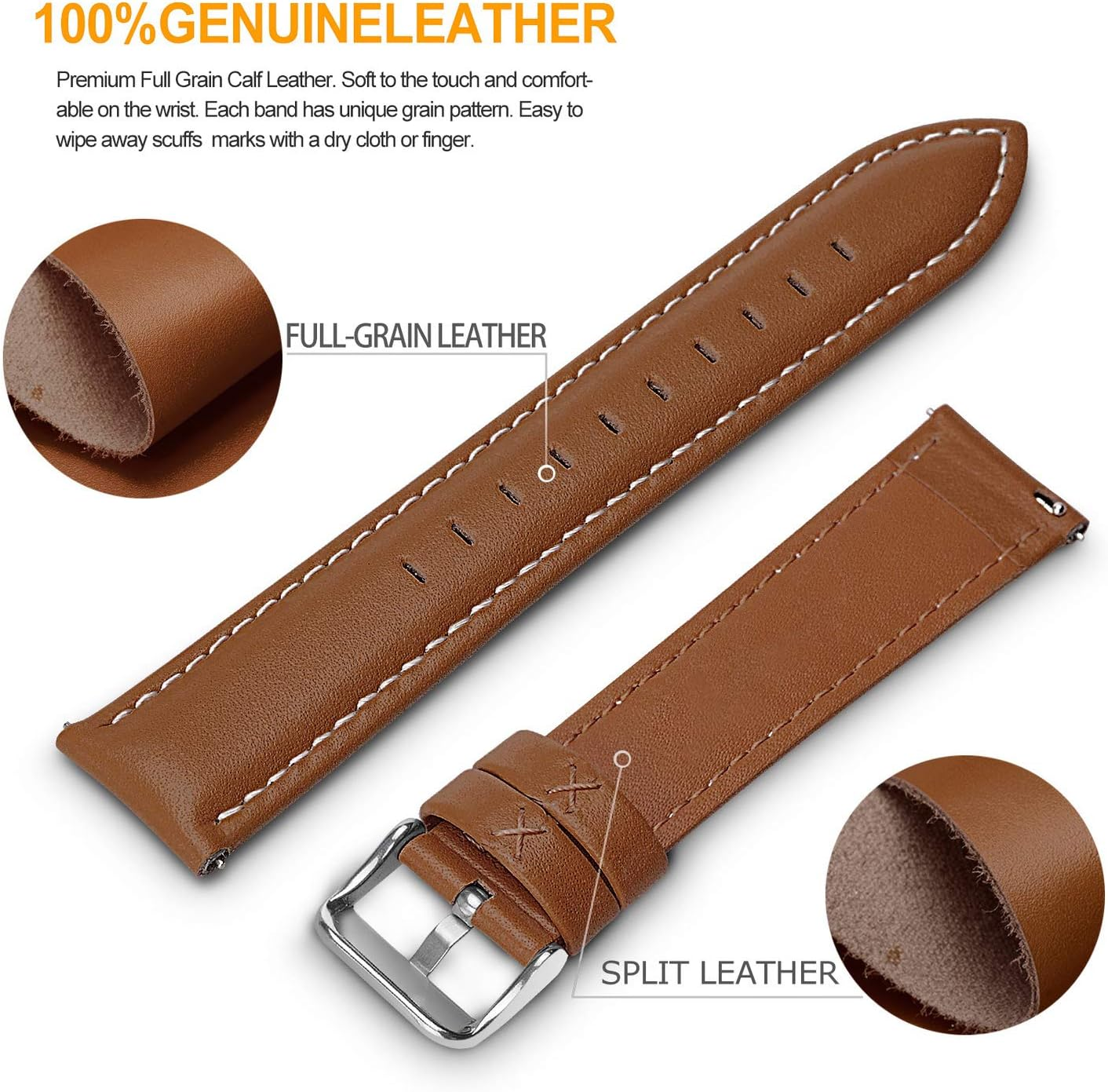Quick Release Leather Watch Band, Fullmosa Axus Genuine Leather Replacement Watch Strap with Stainless Metal Clasp 14Mm 16Mm 18Mm 20Mm 22Mm 24Mm (Choose the Proper Size) image number 3