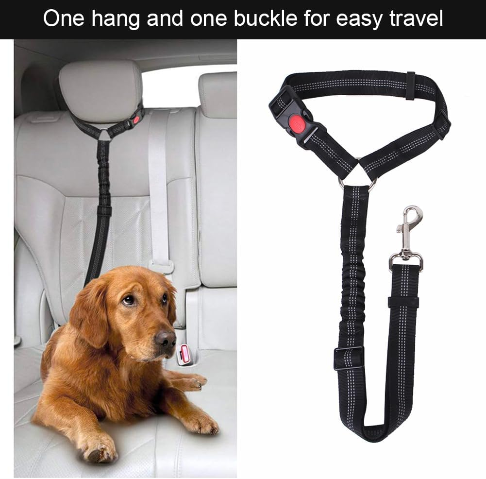Dog Seat Belt for Car, Safety Harness Dog, Adjustable Seat Belt with Elastic Cushioning, Safety Belt for All Dog Breeds and Car Types, for All Dog Breeds and Cats, Black