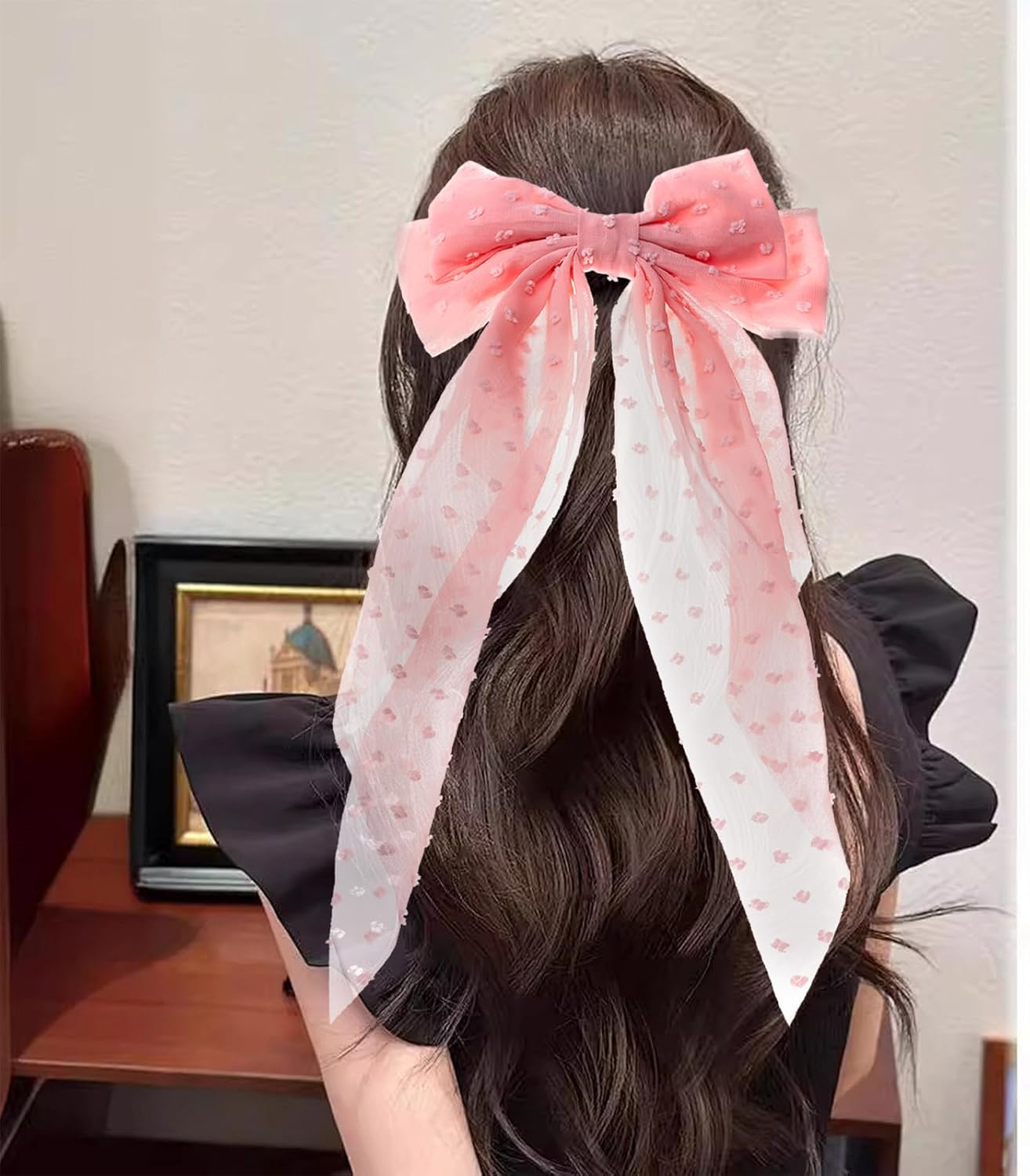 NICENEEDED 4PCS Large Hair Bows, Cute Oversized Ribbon Bows for Women in Beige Light Pink White Black, Hair Barrettes for Different Occasions image number 1
