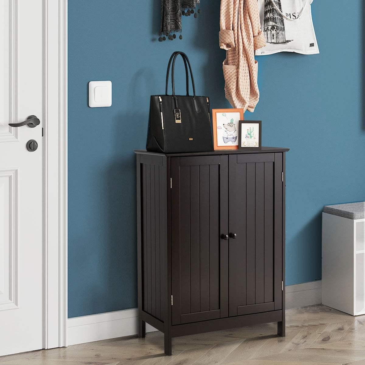 Bathroom Floor Cabinet W/ Double Doors, Floor Storage Cabinet W/ Shelf Free Standing Home Furniture Storage, Toilet Storage Unit, Laundry Cupboard, Entryway Utility Organizer Cabinet, for Bathroom & Bedroom& Living Room &Kitchen &Entrance (Brown) - Brown image number 2