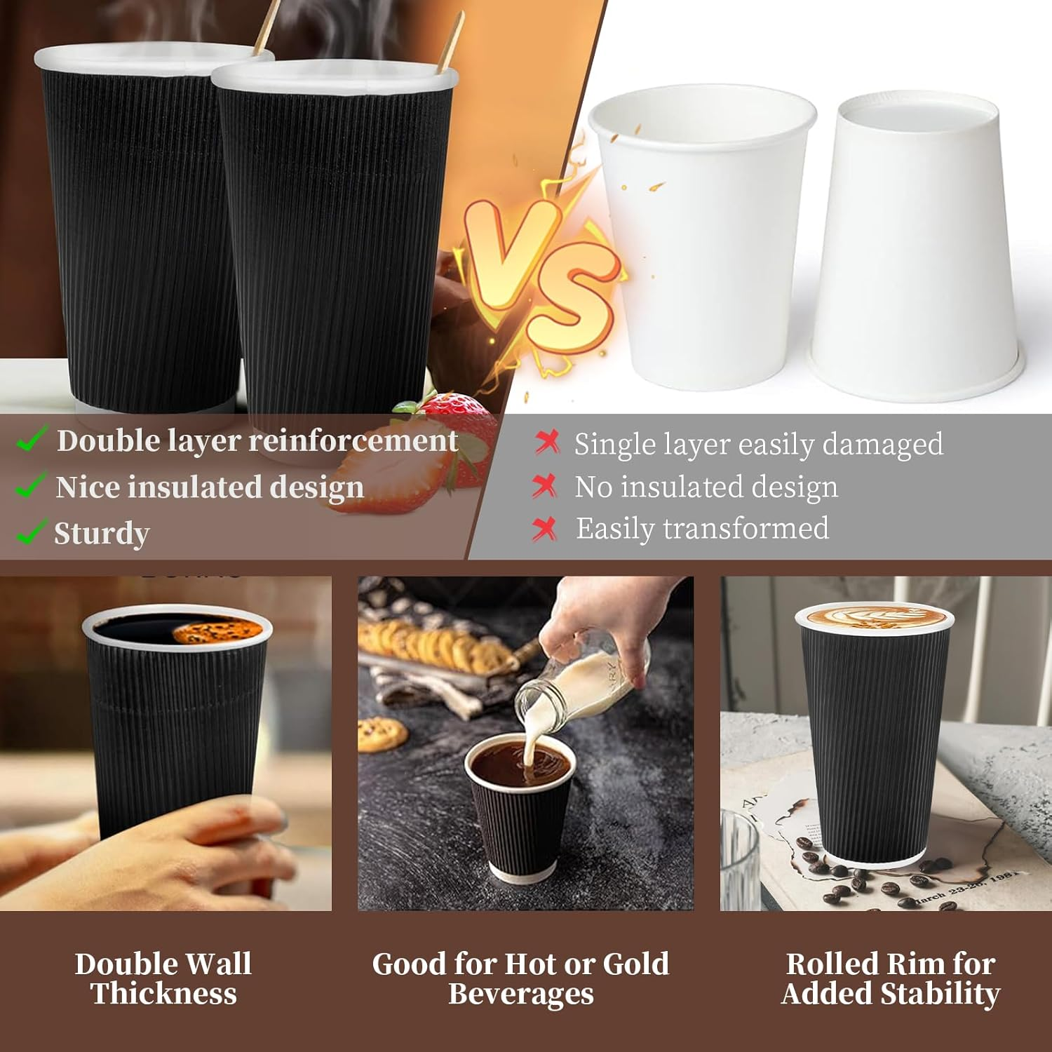 COHGUDA 50 PCS Disposable Paper Coffee Cups with Lids, 16 Oz Insulated Paper Cups for Hot and Cold Drinks, Corrugated Ripple Wall Cup Suitable for Party Travel (16Oz) image number 1