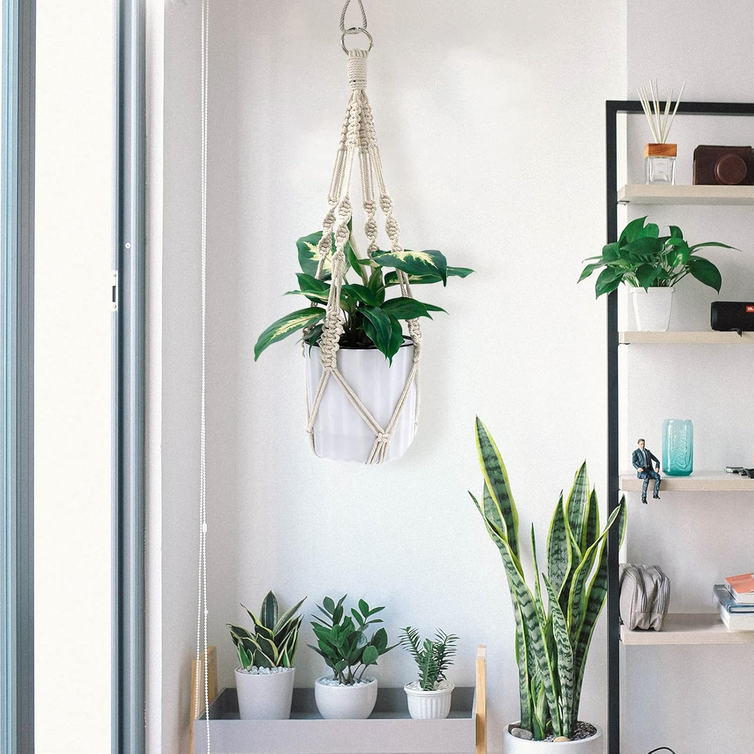 2 Pack Macrame Plant Hanger Indoor Outdoor Hanging Planter Natural Manual Knitted Cotton Macrame Cord Plant Hanger with Ring for Home Decor Ceiling Wall Planters Hanging, 20 Inch image number 4