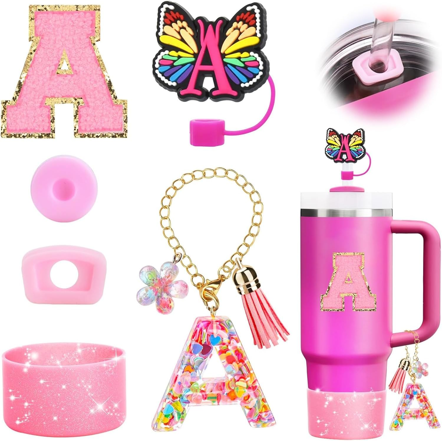 6PCS Cup Accessories Set for Stanley Cup 30Oz 40Oz,Tumbler Initials Decorations for Stanley,Including Silicone Straw Cover Cap and Boot,Spill Proof Stopper,Handle Charm,Sticker (Letter A)