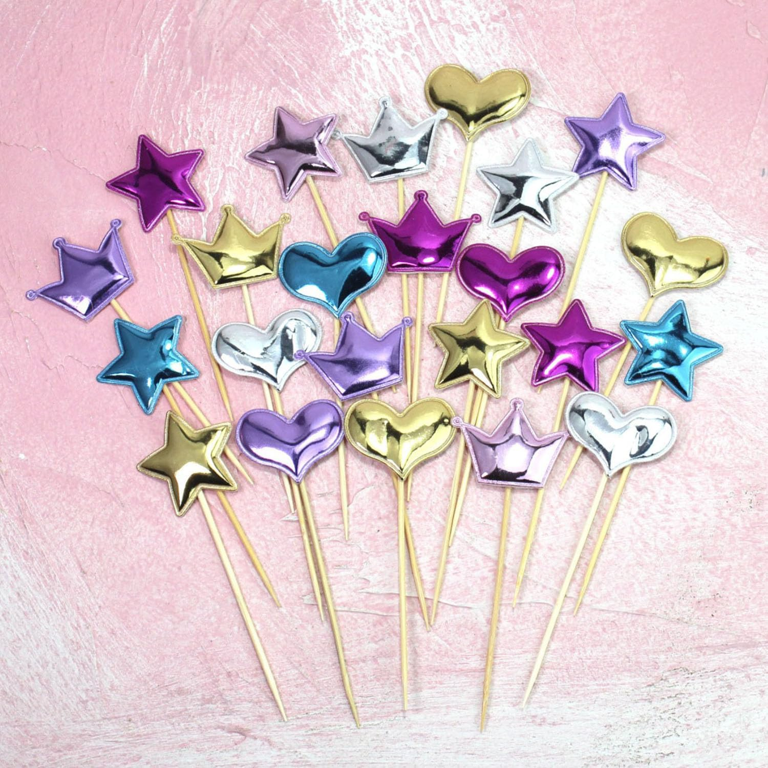 200Pcs Colorful Cake Toppers Sticks Cupcake Toppers Stars Crown Heart Cake Decorations,Pu Material Cake Toppers Sticks for DIY Holiday Cake Insert Birthday Wedding Party Supplies image number 1