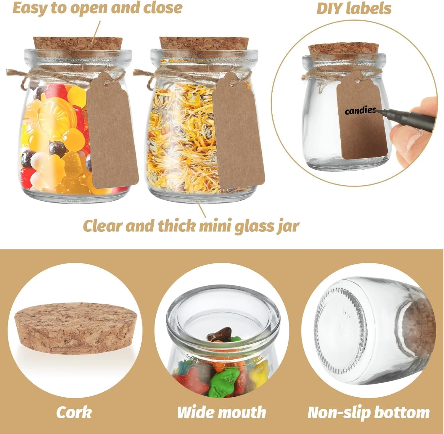 24 Pack Mini Yogurt Jars with Cork Lids, 4 Oz/120Ml Glass Favor Jars, Mini Pudding Jar, Mason Candle Bath Salt Jar, Wedding Favors Honey Pot, Extra Twine, Labels and Cleaning Brush image number 6