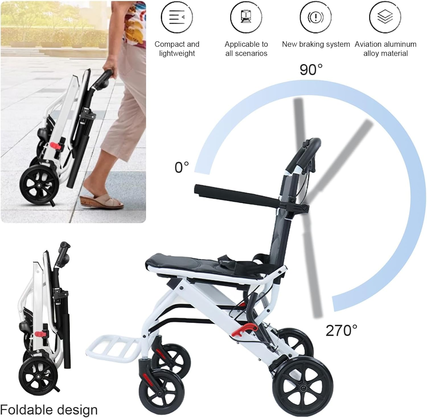 Lightweight Foldable Wheelchairs for Adults Transport Chair with Telescopic Handle, 21Lbs Portable Folding Travel Transfer Wheel Chairs for Seniors, 12" Rear Wheels image number 6
