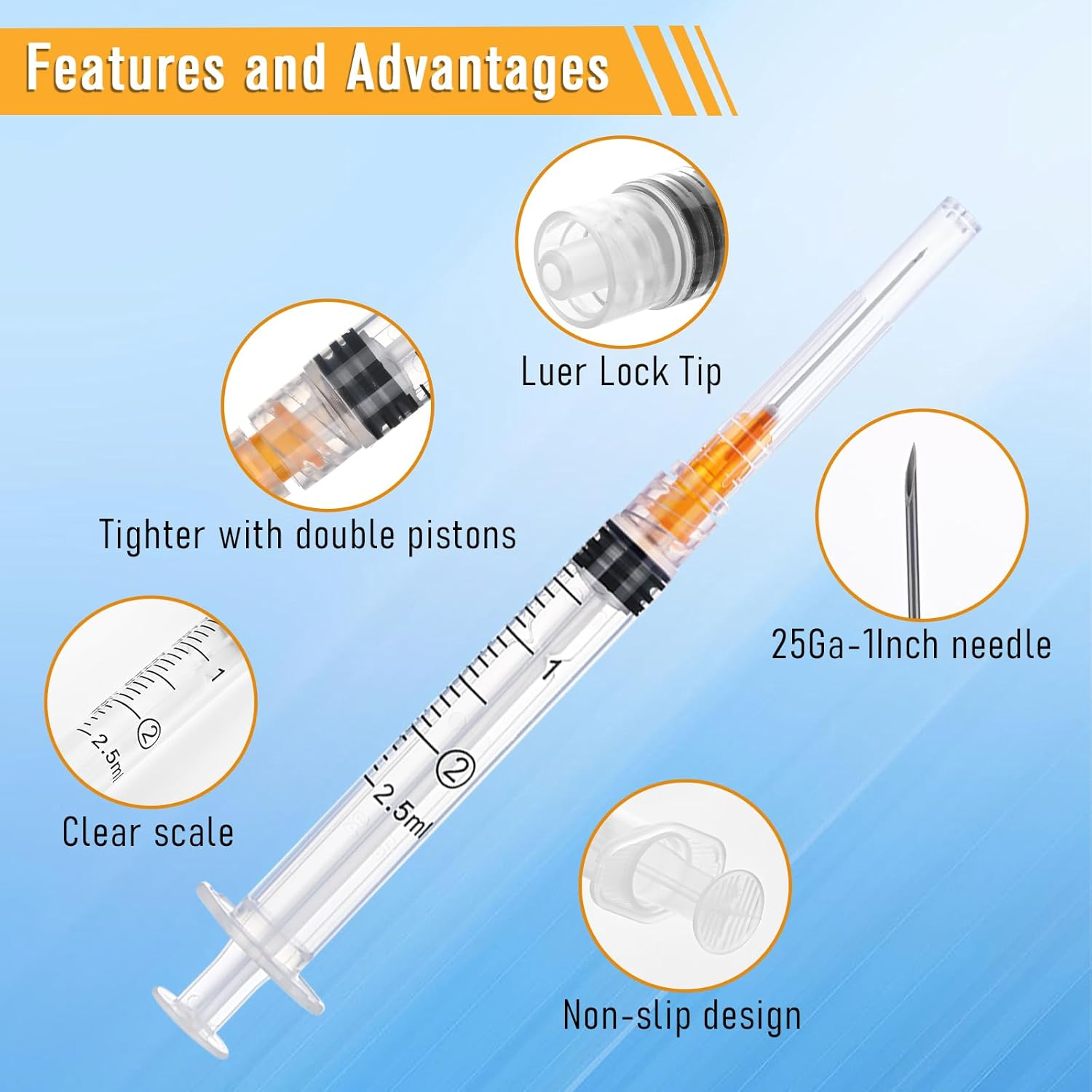 2.5Ml/Cc Syringes with 25G 1 Inch 25Mm Needle, Disposable Syringe Forlab Measuring Supplies, Individually Wrapped, Pack of 20