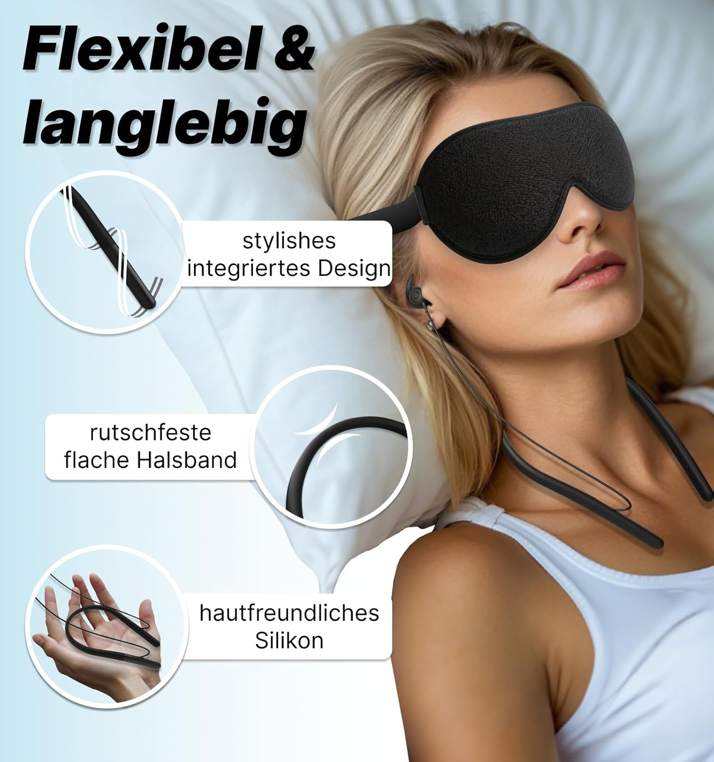 Hmusic HS88 Sleep Earphones, Flat Thin Soft Silicone Earbuds for Side Sleepers, 30Db Noise Cancelling Bluetooth Neckband Sleep Headphones for Travel, Audio Book, Meditate, Black image number 3