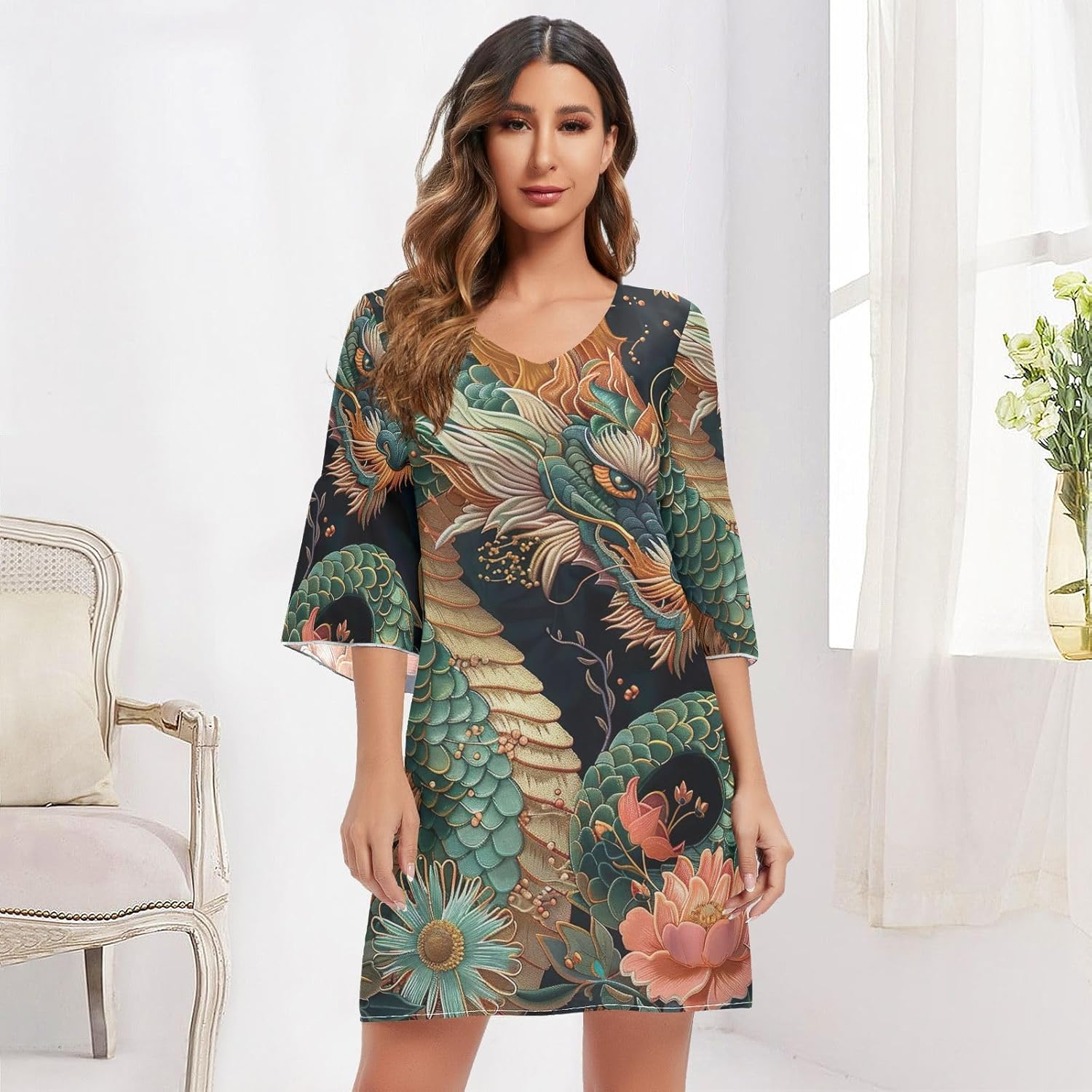 Green Dragon Vintage Chinese Flowers Short Dress Printed Line Maternity Dress S-XXL