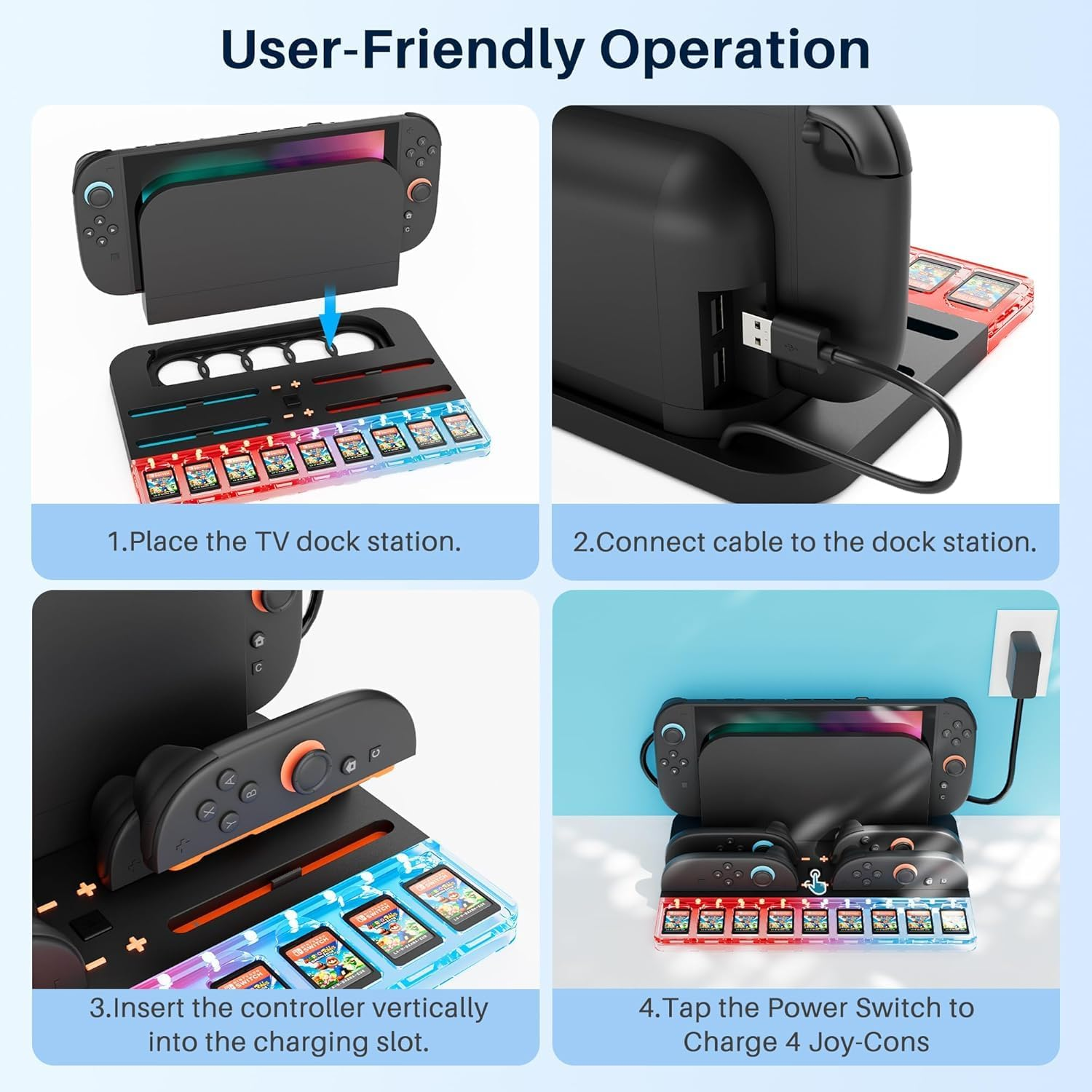 ZONEY Charging Dock Station for Nintendo Switch 2 Joy Con, 4 Controllers RGB Light Fast Charger Stand Station, with 9 Game Card Storage Stand, Black image number 1