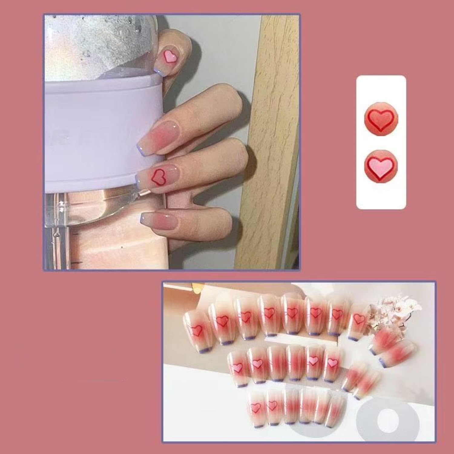 KAVI' S 24Pcs French Tip Stick on Nails Coffin Medium Long Press on Nails Nude Gradient Glitter Fake Nails Ballerina Acrylic False Nails Jerry Glue for Women Girls Nail Art (Peach Heart) image number 2