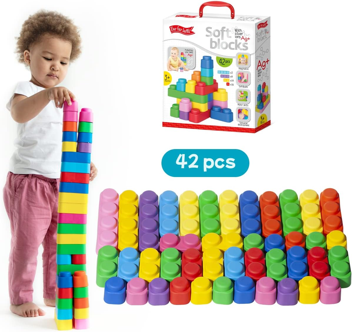 Baby Blocks - Colourful Soft Building Blocks for Babies and Toddlers (42 Pcs) - Educational Squeeze Play Montessori Toys - Baby Stacking Blocks Set - Food-Grade Material Sensory Blocks image number 1