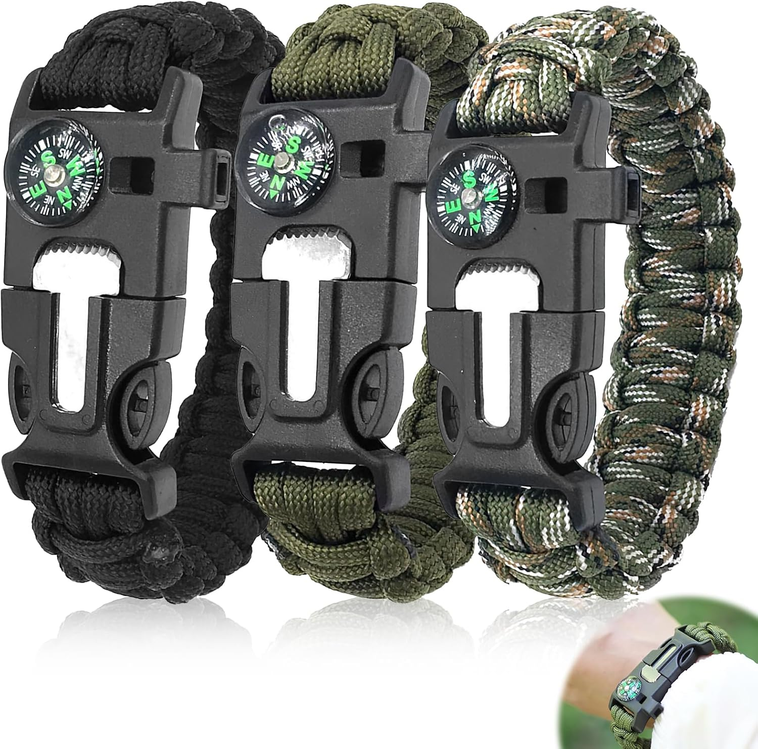 3 Pcs Adjustable Paracord Bracelets Kit - Ourtdoor Survival Bracelets with Fire Starter, Loud Whistle & Precision Compass, Durable & Lightweight for Camping, Hiking, Hunting (Black, Army Green & Camo) image number 5