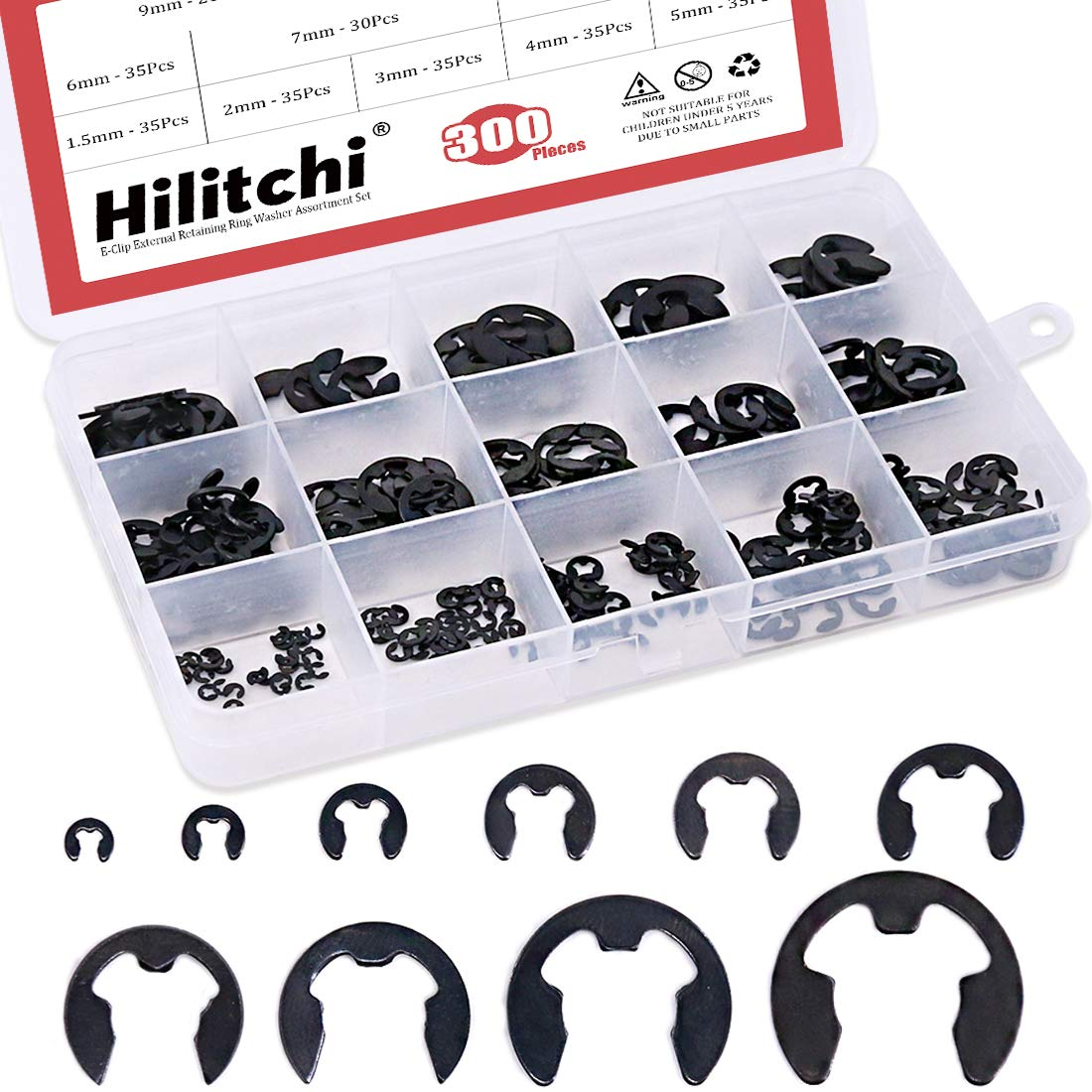 Hilitchi 300-Pcs Alloy Steel E-Clip Circlip External Retaining Ring Assortment Set - 1.5Mm to 10Mm image number 1