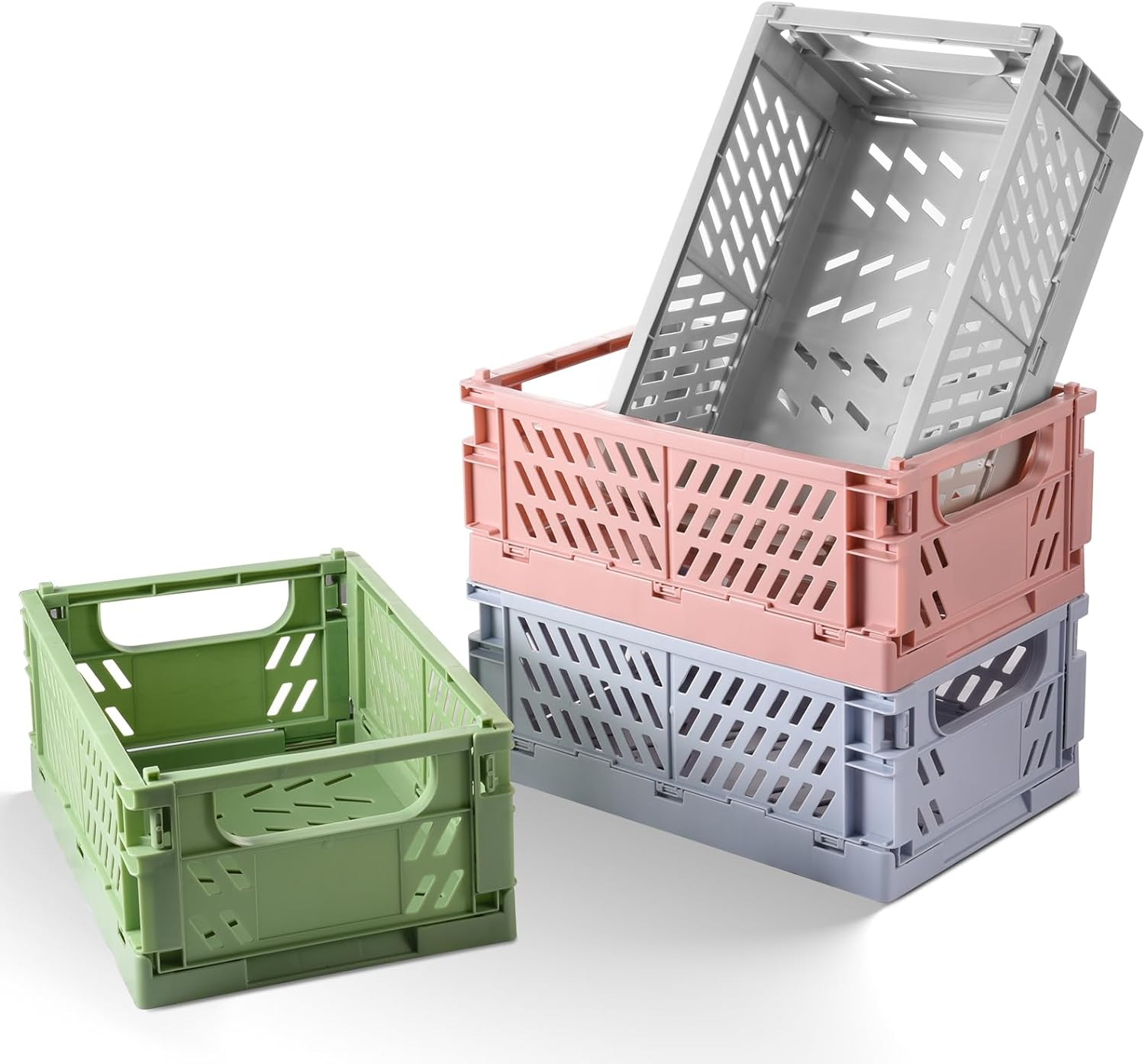 2-Pack Pastel Storage Crates, Plastic Crates, Baskets for Organizing, Collapsible Storage Crates for Bedroom Decor Classroom Office Kitchen Bathroom Home (Grey, 9.8" X 6.5" X 3.8")