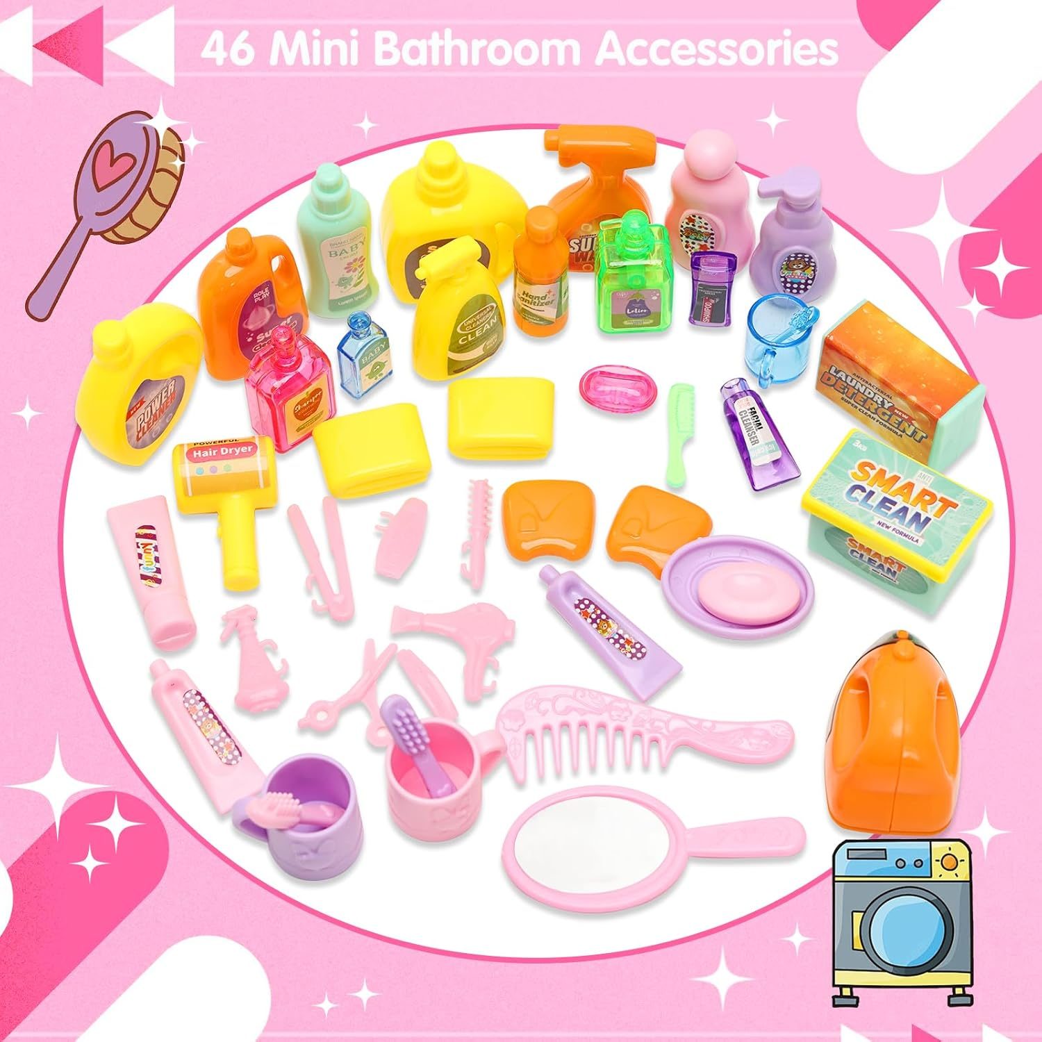 Barwa Mini Bathroom Playset, Dressing Table Toy Set, Toilet Accessories, Head Hair Stylist Toy Kit, Fashion Gown Dress Bathrobe Pajamas, Pretend Role Play Toys for Boys Girls image number 4