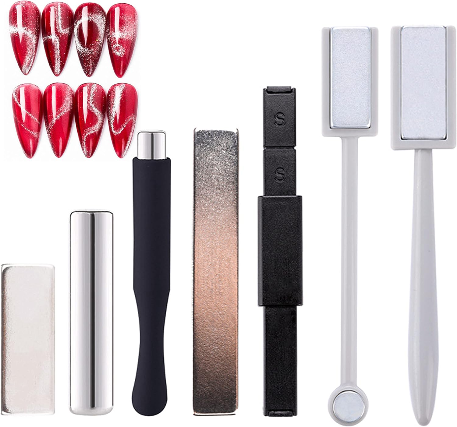 JERCLITY 7 Pieces Cat Eye Magnet for Nails Double-Head Nail Magnetic Stick Multi-Function Magnet Board Square Thickened Cat Eye Strong Magnet Plate Nail Magnet Tool Set for Cat Eye Gel Polish Nail Art