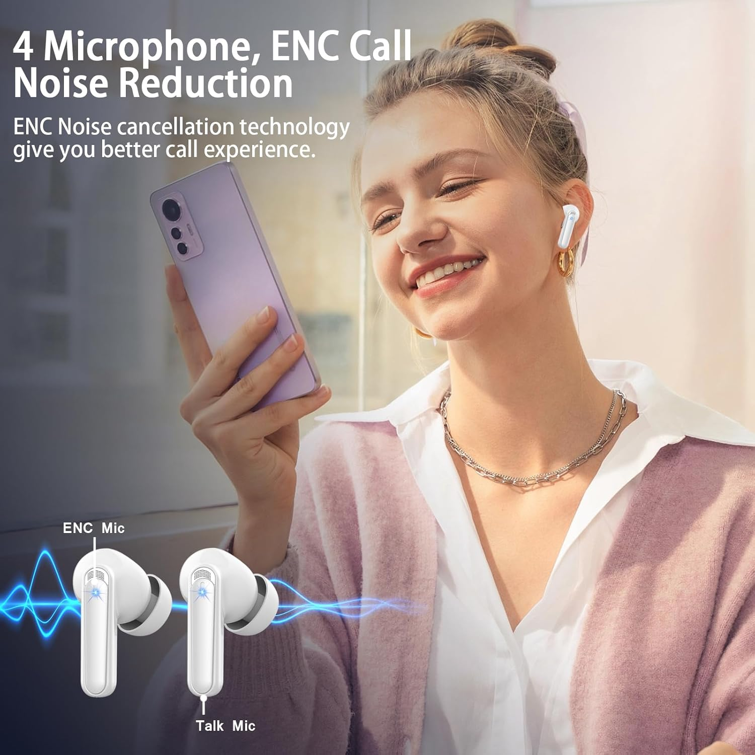 Wireless Earbuds Bluetooth 5.3, 4 ENC Noise Cancelling in Ear Headphones with 48H Playtime, IPX7 Waterproof, LED Display, Comfort Fit for Sports, Moon White image number 2