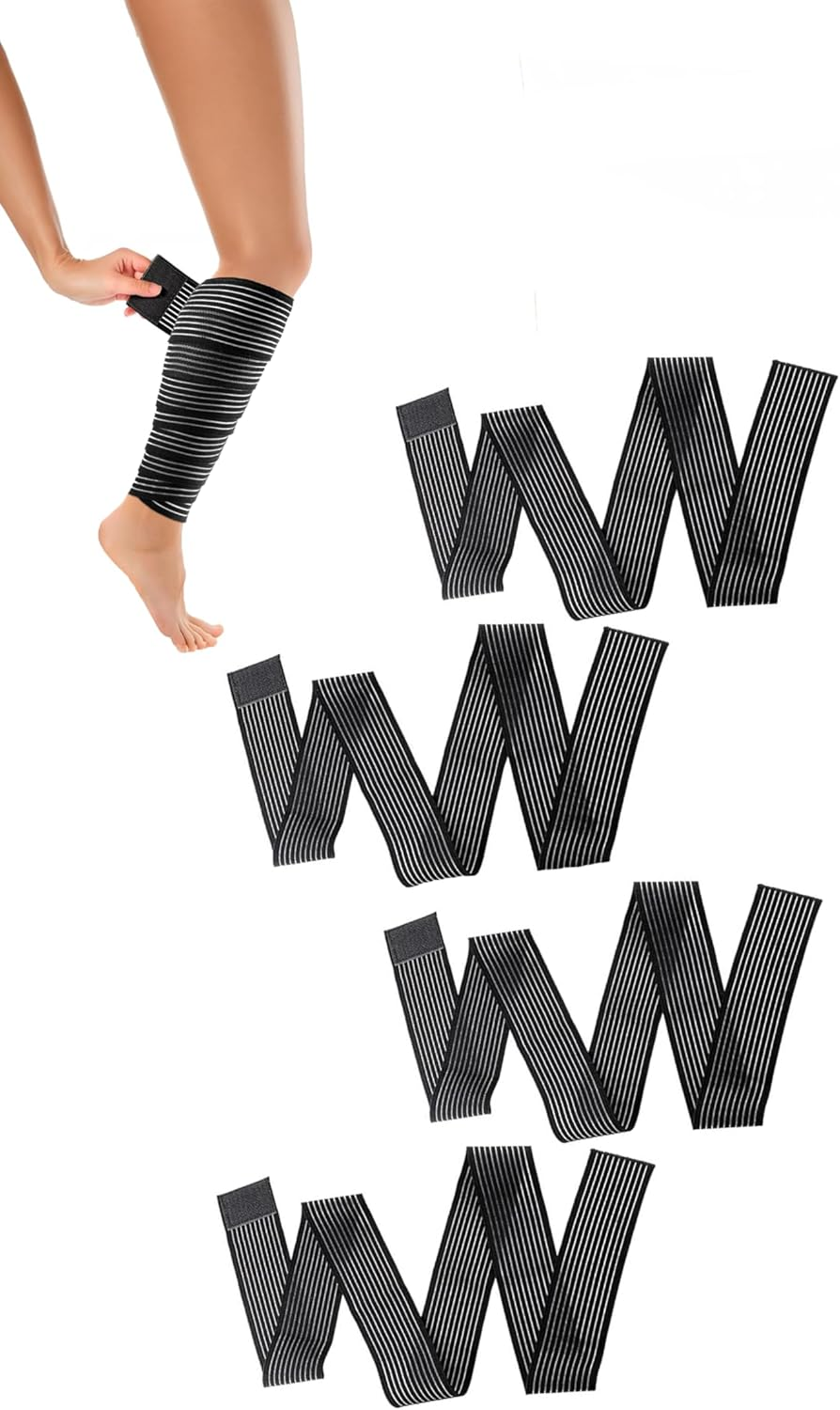 Honwor Elastic Calf Compression Bandage - Stabilizing Leg Sleeve for Men and Women, Joint Pain Relief, Sports - Adjustable Black (4 Pieces, 180 Cm) image number 4