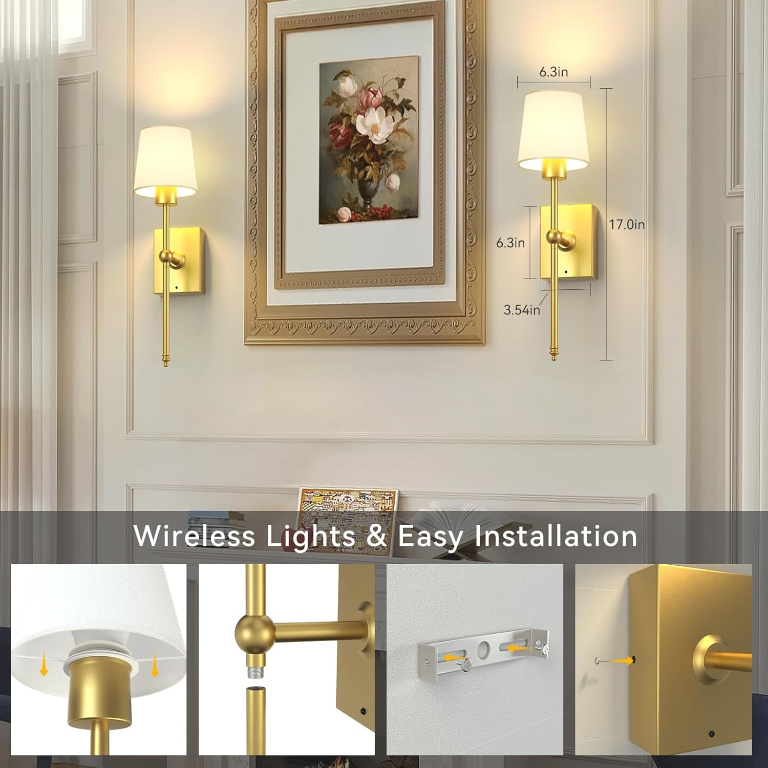 Tengdes Battery Operated Wall Sconces Set of 2, Rechargeable Wall Lights with Touch & Remote Control, Wireless Battery-Powered LED Wall Lamps for Bedroom, Living Room, Hallway, Bathroom (Gold) image number 2