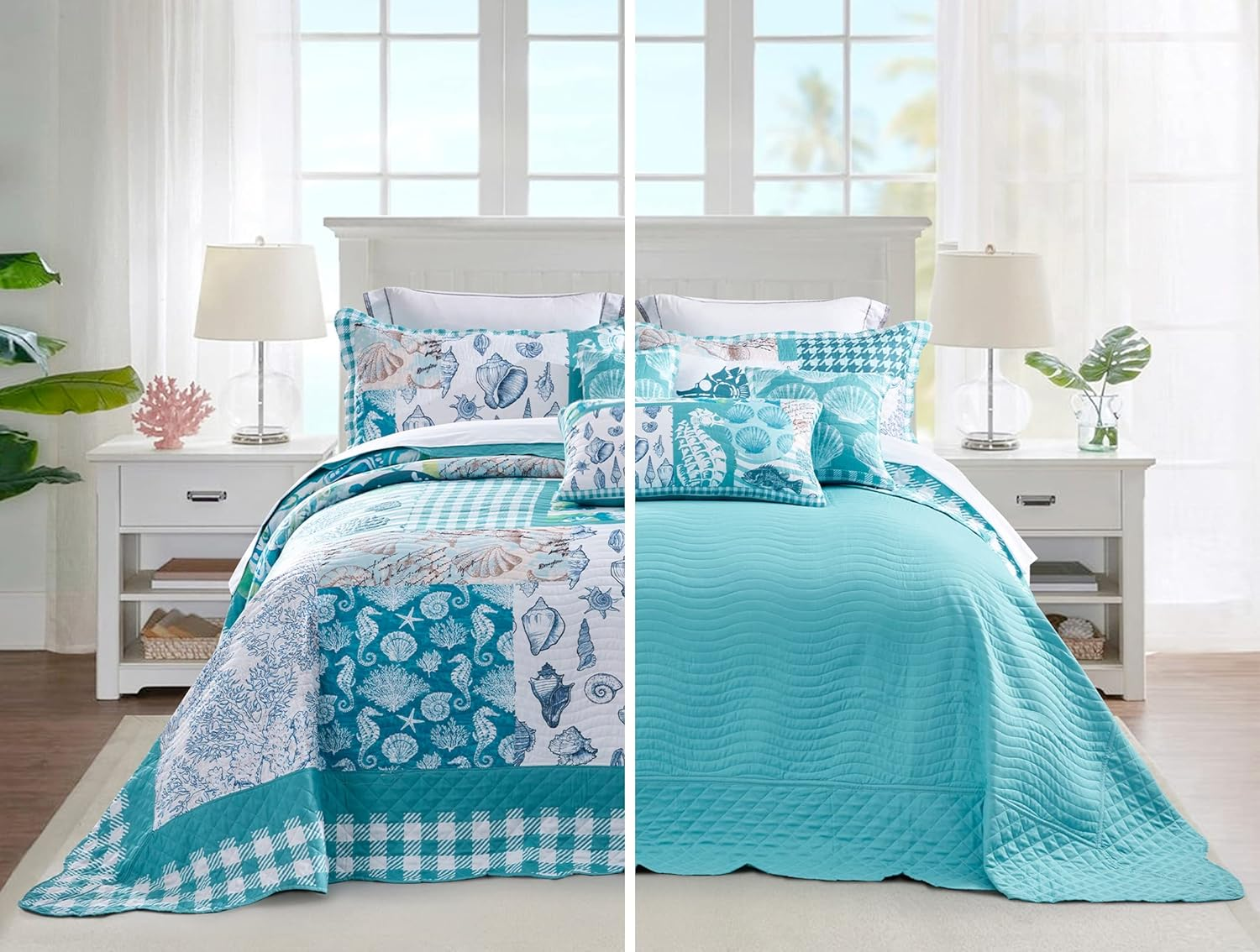 HZ & HY Coastal Oversized King Bedspread, Lightweight Beach Bedding Nautical Quilt, Real Stitching, Reversible, 6 Piece, 100% Microfiber, King/Cal King, Seahorse image number 2