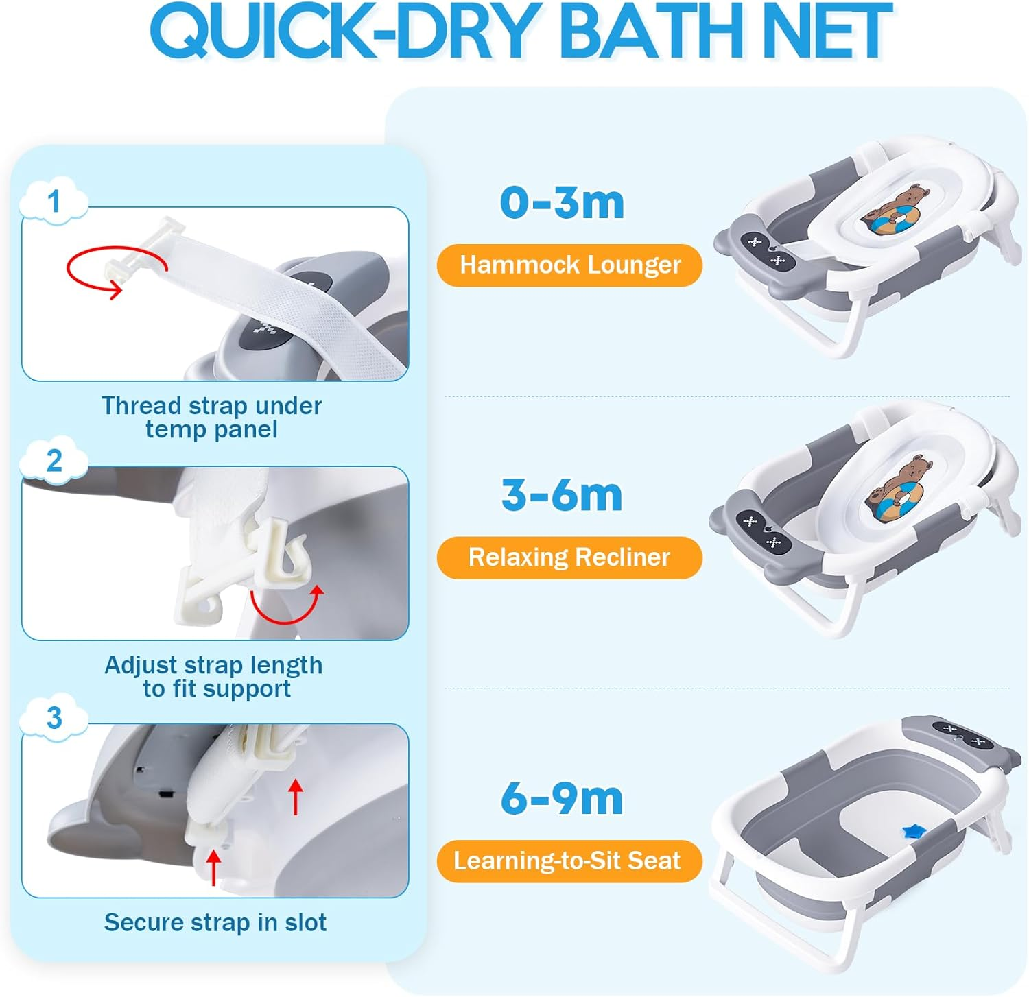 Collapsible Baby Bathtub for Newborn to Toddler,Durable Essential Grooming Infant Shower Tub,Portable Travel Baby Tub with Soft Cushion,No-Slip Hanging and Detachable image number 5