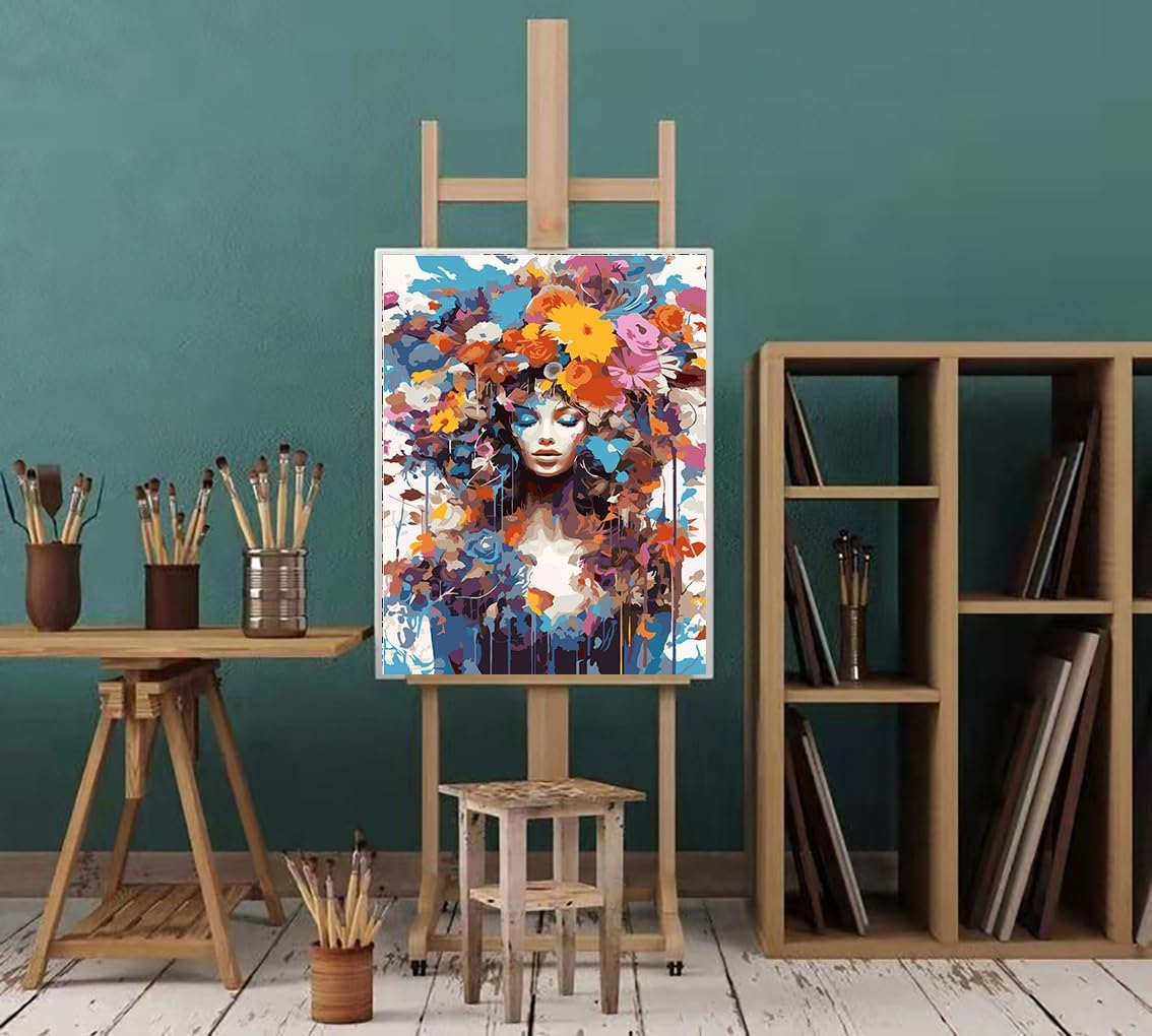 Paint by Number for Adults. Flowers with Girls Paint by Numbers for Adults Beginner Drawing Paintwork with 3 Paintbrushes Paint Canvas Oil Painting 16&rdquo; X 20&rdquo; image number 1
