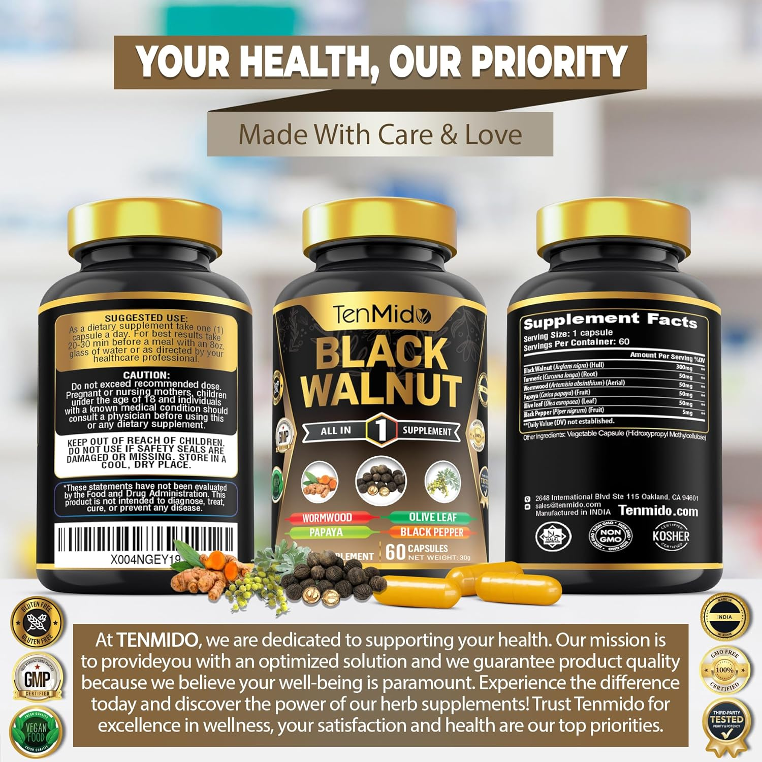 Black Walnut Supplement - 6In1 Blend with Wormwood, Turmeric, Papaya, Olive Leaf and Black Pepper- Gut & Digestive Health Support - 60 Vegan & Non-Gmo Capsules image number 5