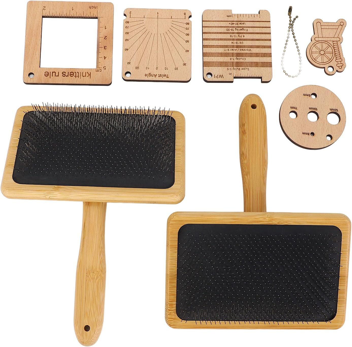 Wooden Knitting Measure Tool Set with Wool Blending Board Carding Brush Set, Wool Carders Hand Carders, Density Ruler for Wool Felting Supplies, Sewing Crafts