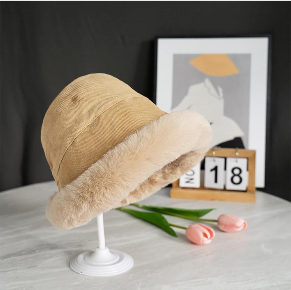 Plush Fuzzy Bucket Hat for Women Warm Fluffy Faux Fur Fisherman Cap Winter Ski Outdoor Windproof Warm Fleece Lining Hat