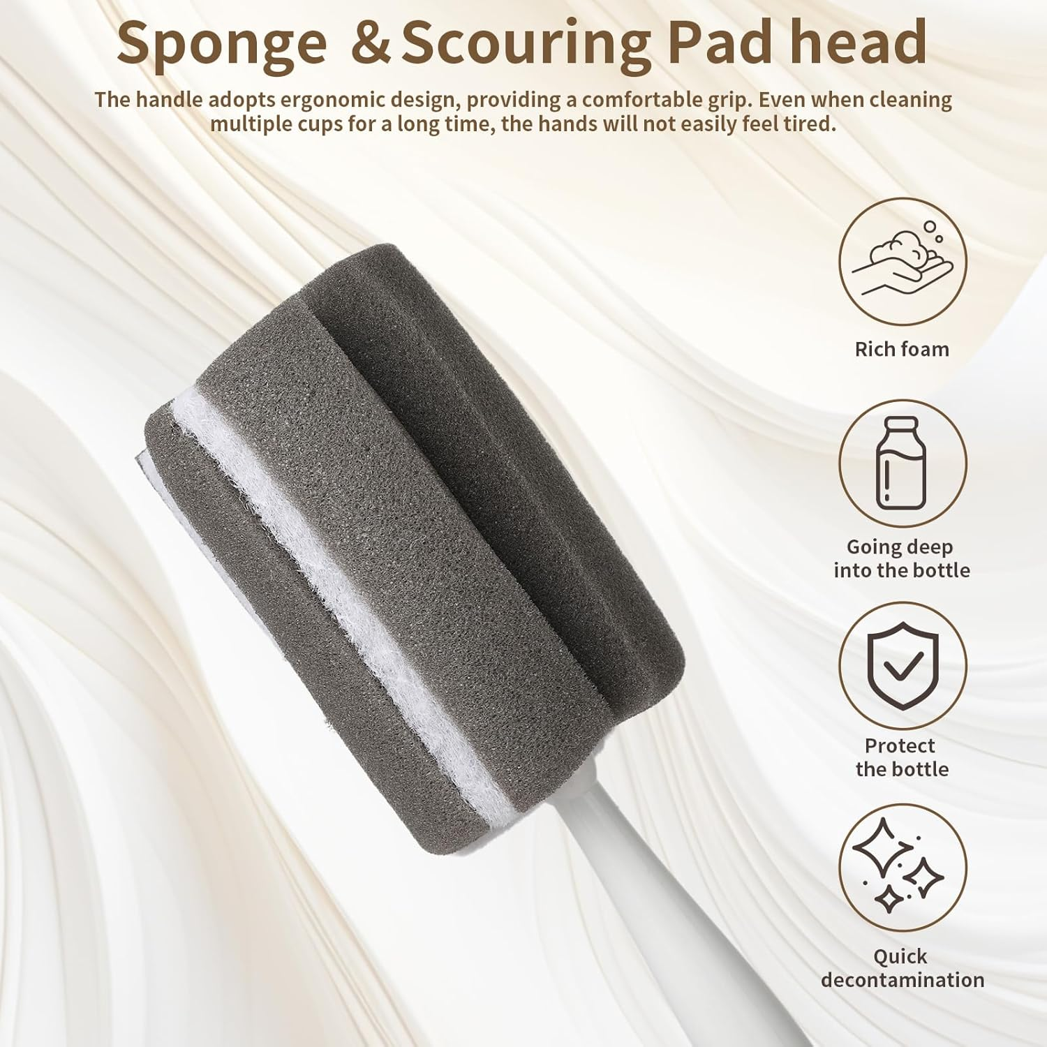 Sponge Bottle Brush Adjustable Long Handle up to 14.5&rdquo;High-Density Foam Bottle Brush & Scrubber Head Hanging Design with 4 Traceless Hooks and &ndash; Bottle Cleaner for Glasses & More (2 Pack) image number 5