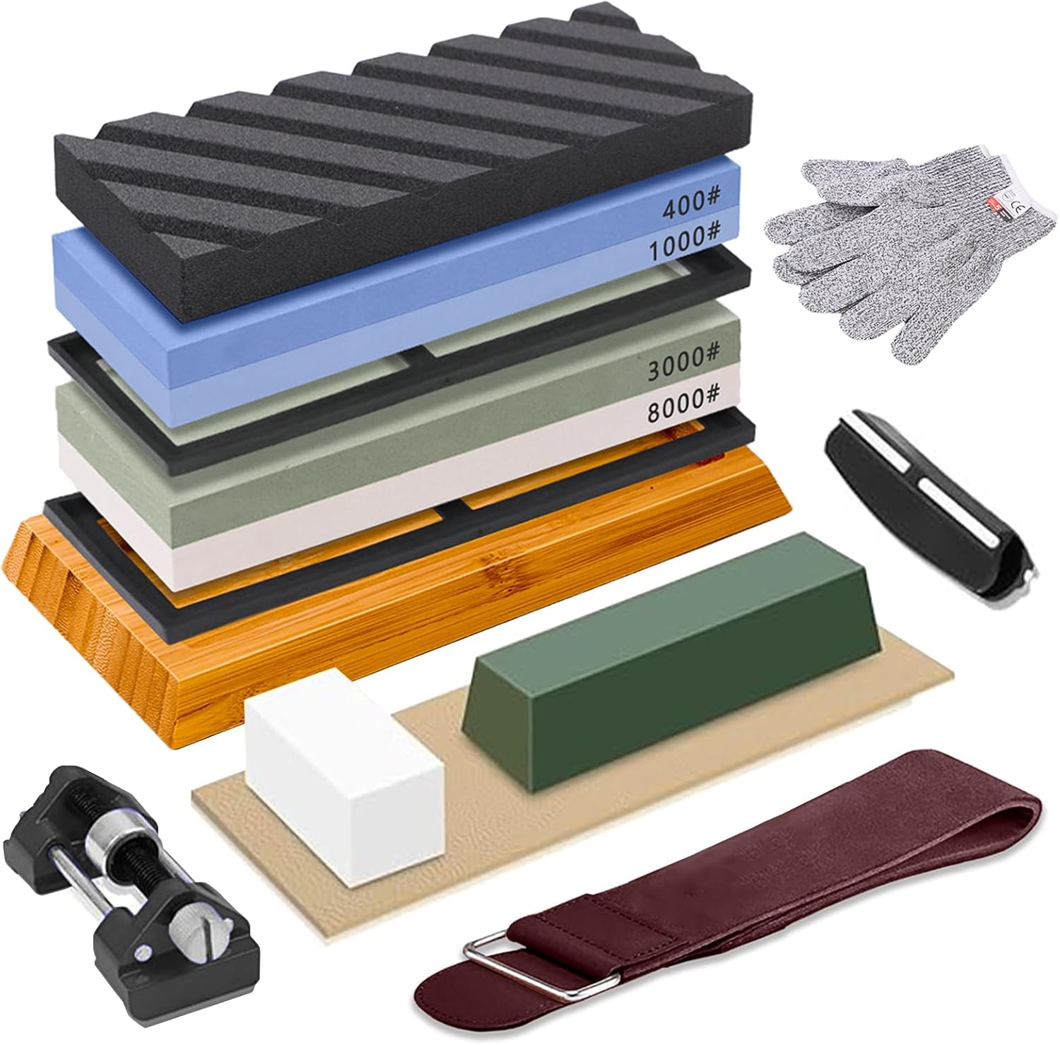 TFMODBFA Knife Sharpening Stone Set - 2 Side Grit 400/1000 3000/8000 Kitchen Knife Sharpener Stone, Professional Kitchen Sharpener Stone Includes Non-Slip Rubber Bases, Flattening Stone image number 3