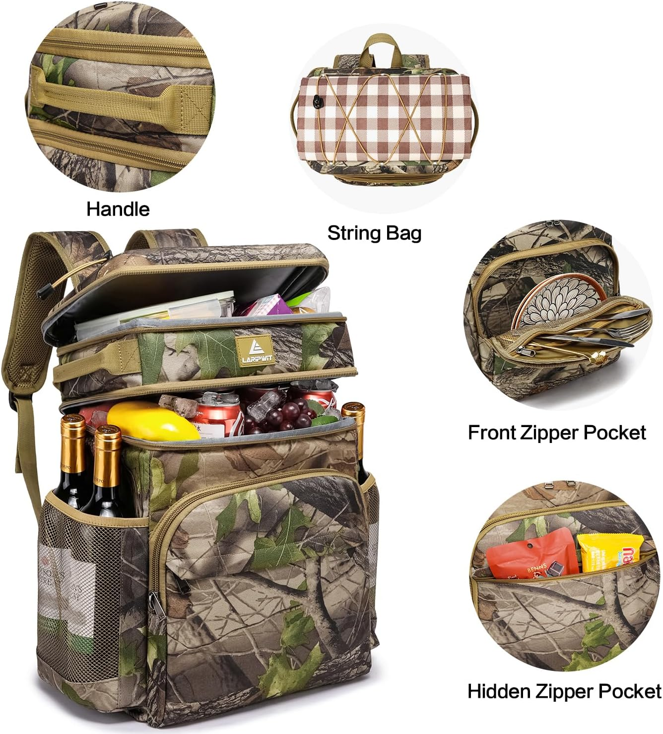 Laripwit Cool Backpack 54 Cans Thermal Cooler Bag Backpack Large Insulated Camouflage Double Deck with Cooling Compartment for Men Women - Perfect Picnic Travel Camping Tactical Beach image number 6