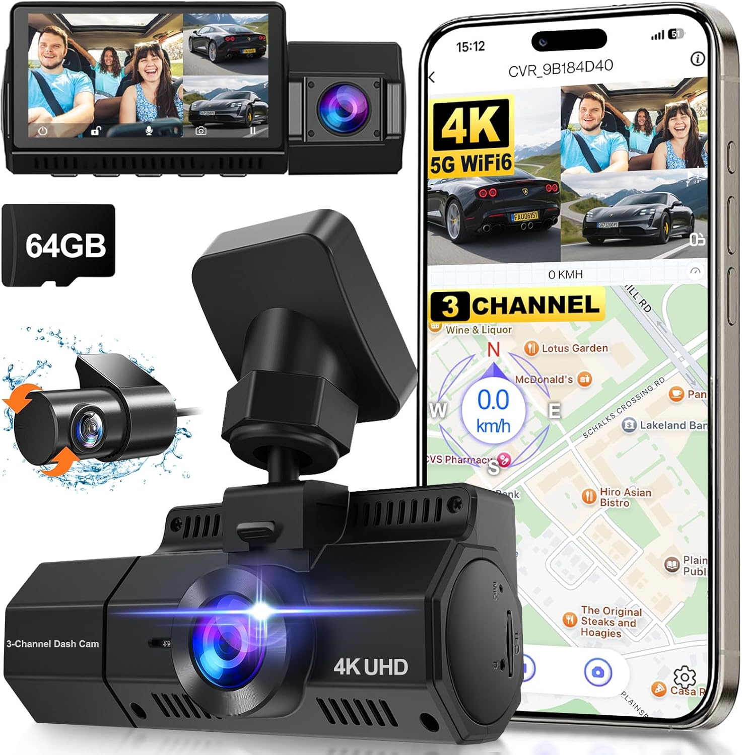 Oolong 4K 3 Channel Dash Cam,5G Wifi6 Built-In GPS,4K+1080P+1080P Front and Rear inside Included 64GB Card,Triple Car Camera 3.18'' Screen,Loop Recording,Ir Night Vision,24H Parking Mode,256Gb Max