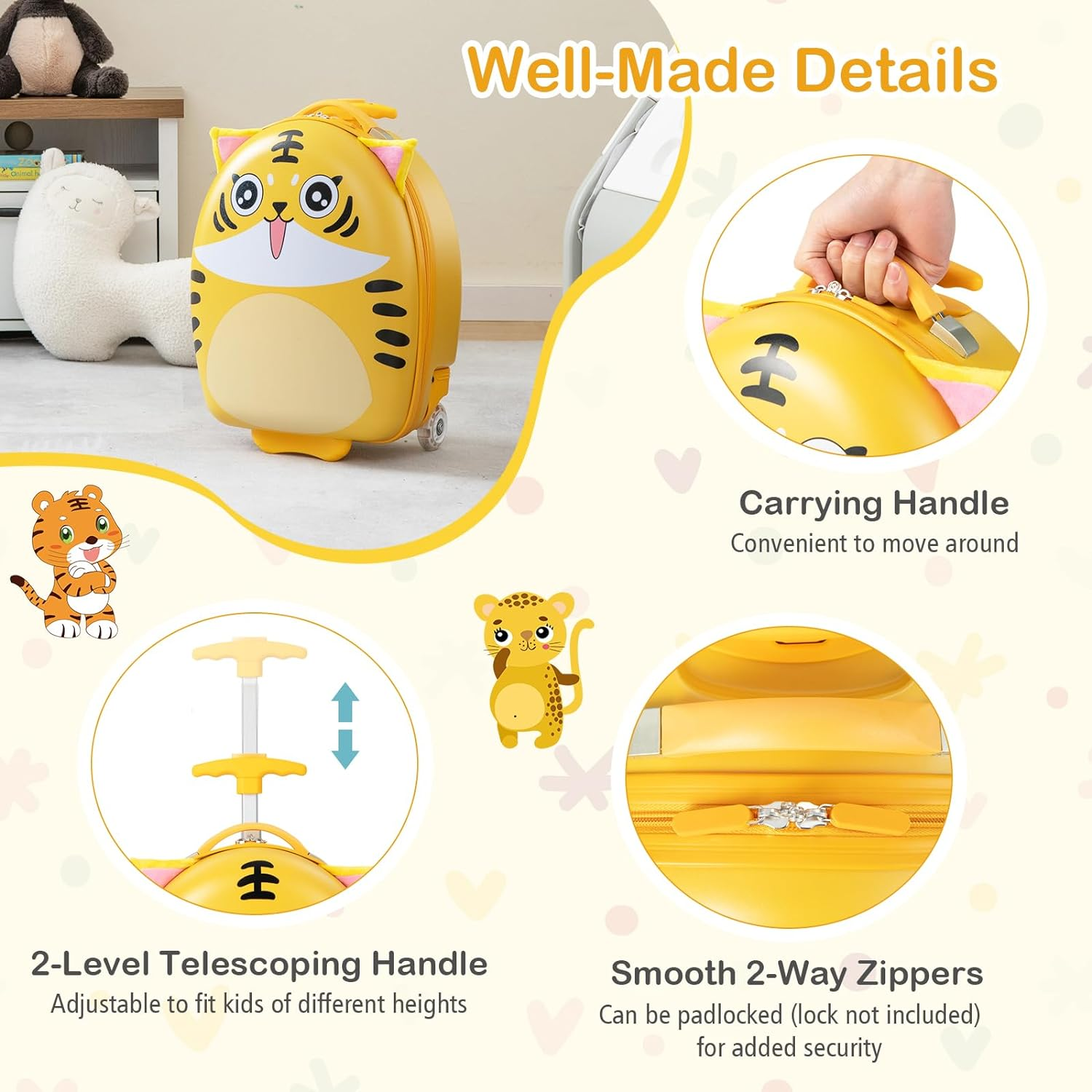 Costway 16" Kids Carry on Luggage, Children'S Rolling Suitcase with Light-Up Wheels, Waterproof Hard Shell Travel Luggage, Lightweight Luggage Trolley for Boys & Girls 3-6 Years image number 5