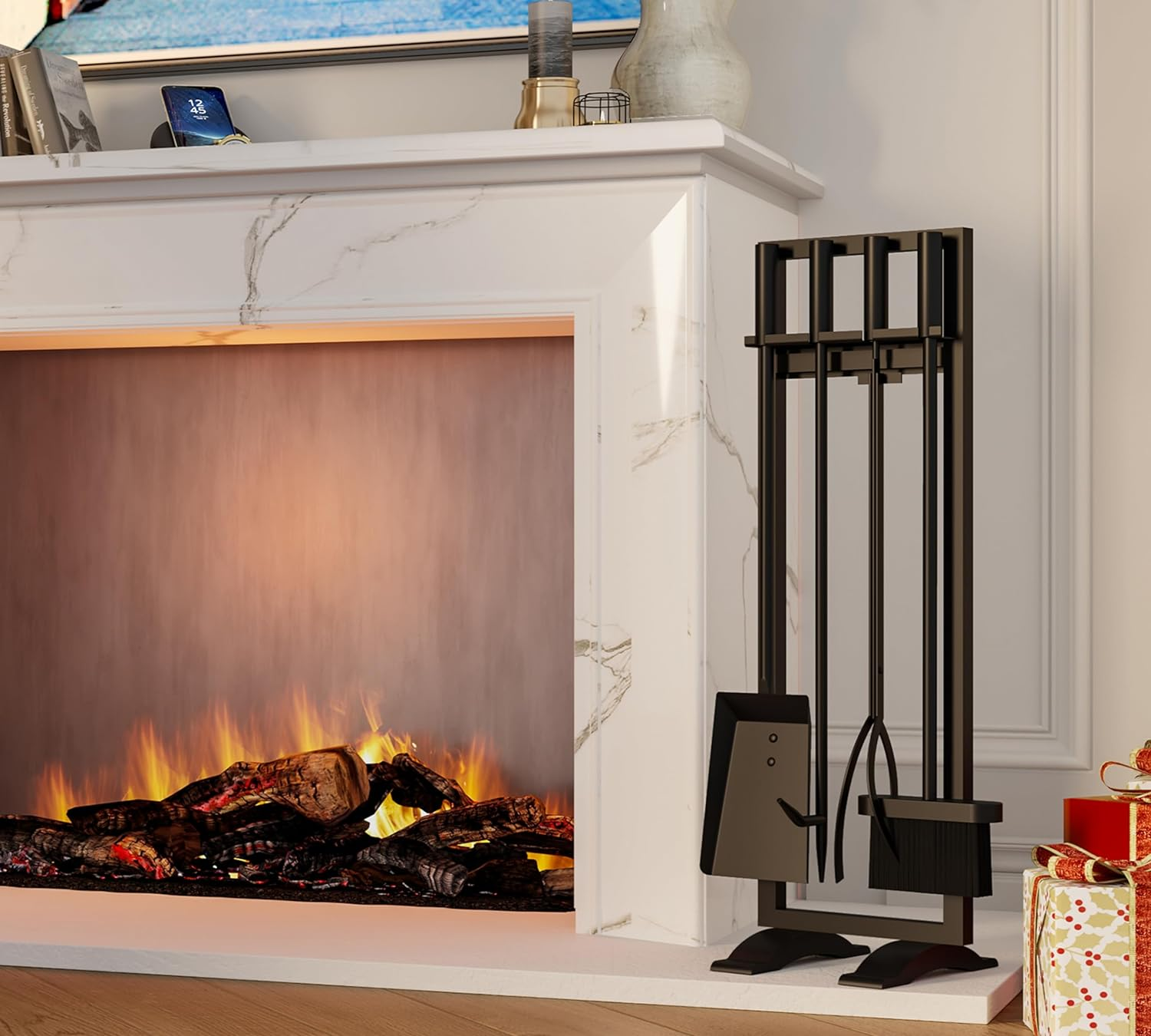 Fire Beauty Fireplace Tools Set 5 Pieces Fireside Accessories Fire Kit Stand Woodstove Tools Holder Wrought Iron Handle Indoor Fireset Stand image number 6