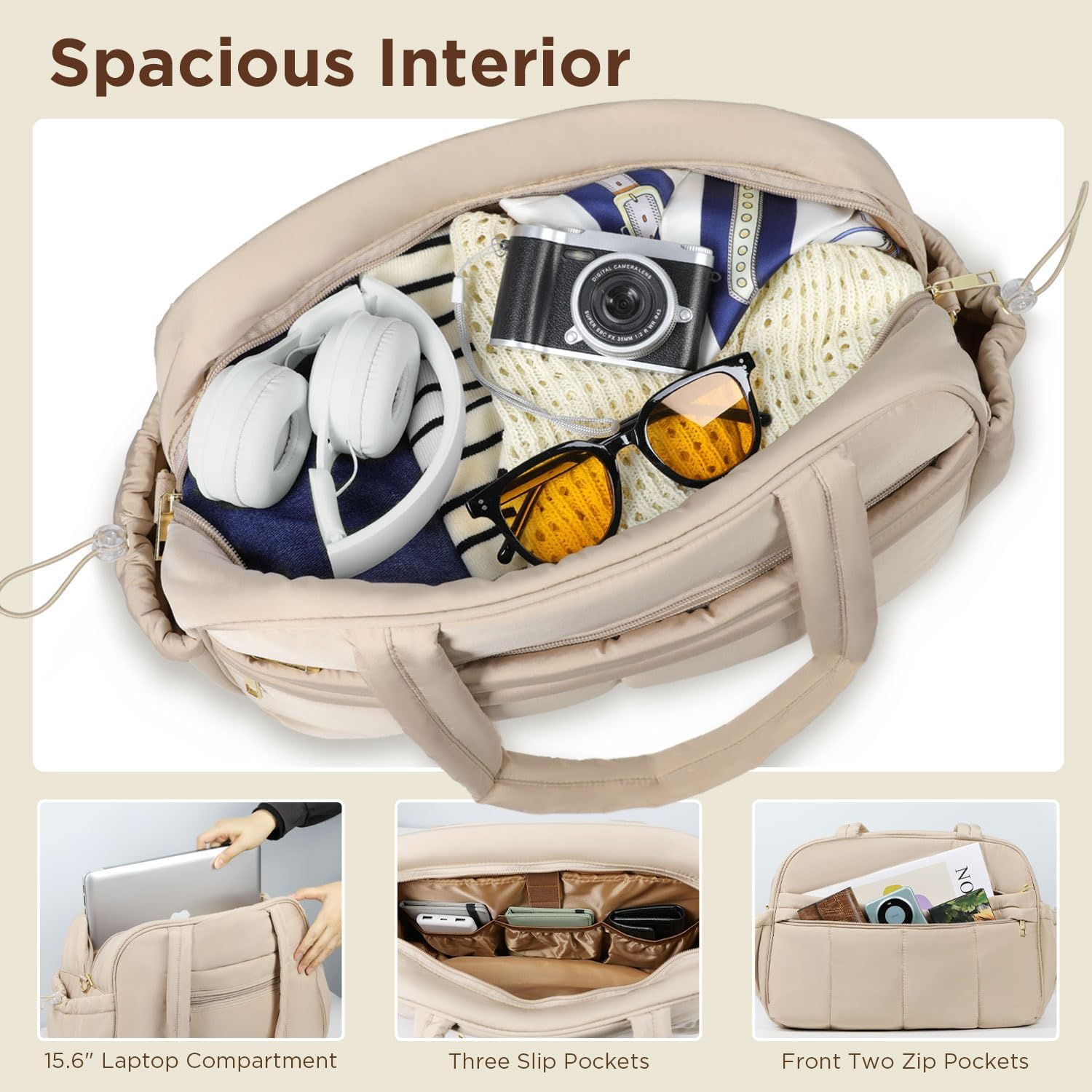 Behaesty Weekender Bags for Women, Quilted Travel Duffel Bag, Large Puffer Duffle Bag for Travel Gym Overnight Weekend Workout Carry on Bag for Airplanes, Personal Item Travel Bag, Camel, 18 X 12 X 8 image number 1