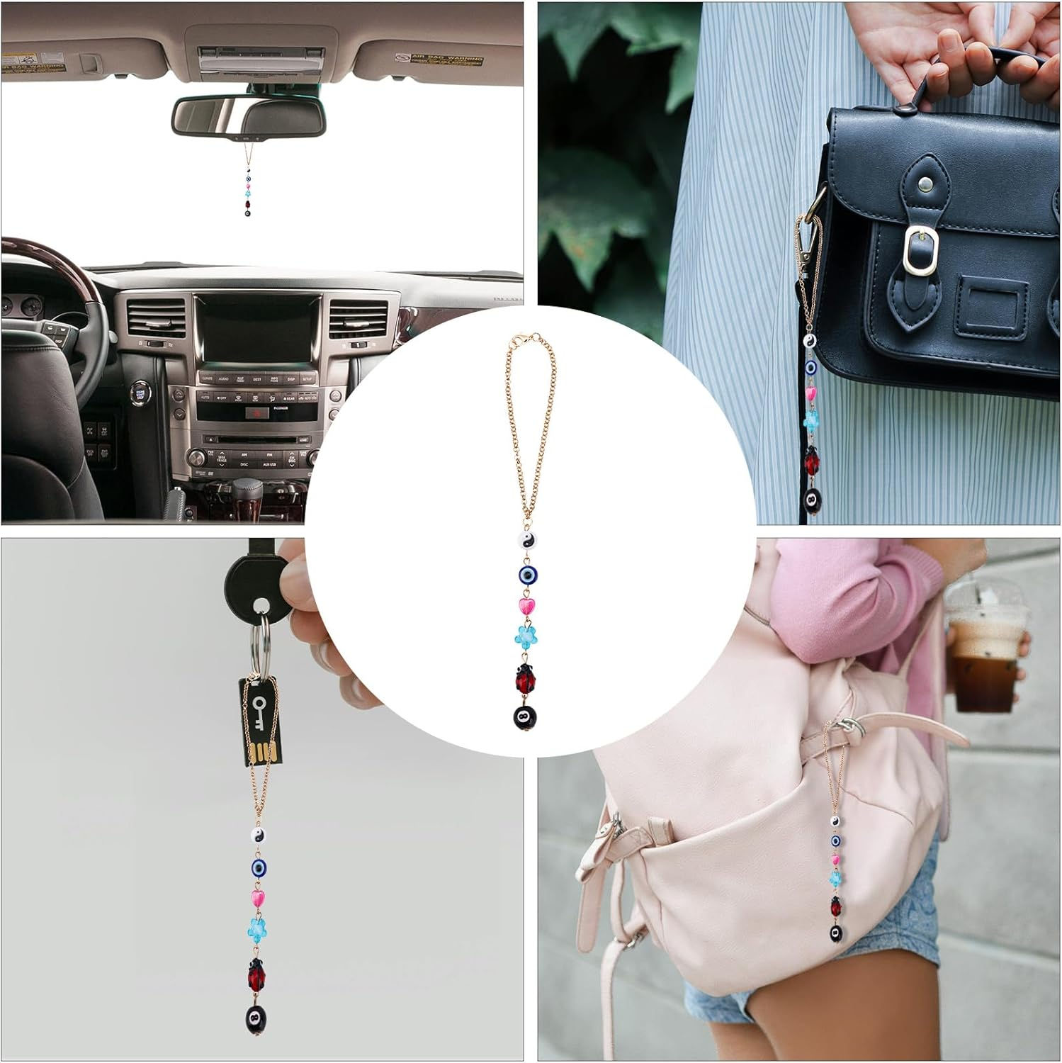 Gosknor Evil Eye Car Hanging Ornament, Multicolored Acrylic & Zinc Alloy, 20.5Cm/8.07In, Automotive inside Mirrors, Elegant Boho Beaded Lanyard Pendent Decoration image number 5