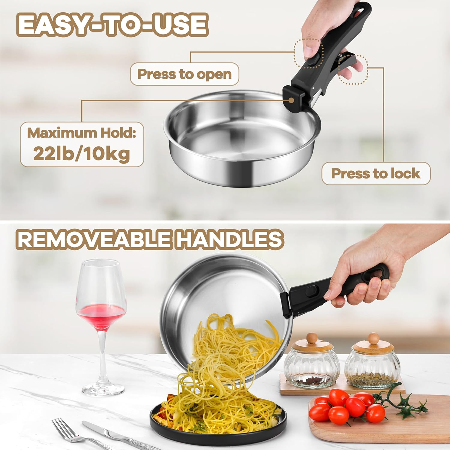 E-Far 9Pcs Pots and Pans Set, Stainless Steel Cookware Set with Detachable Handle, All-Clad 3-Ply Kitchen Cookware Sets with Removable Handle, Induction Cooking Set for RV Camping, Oven Safe